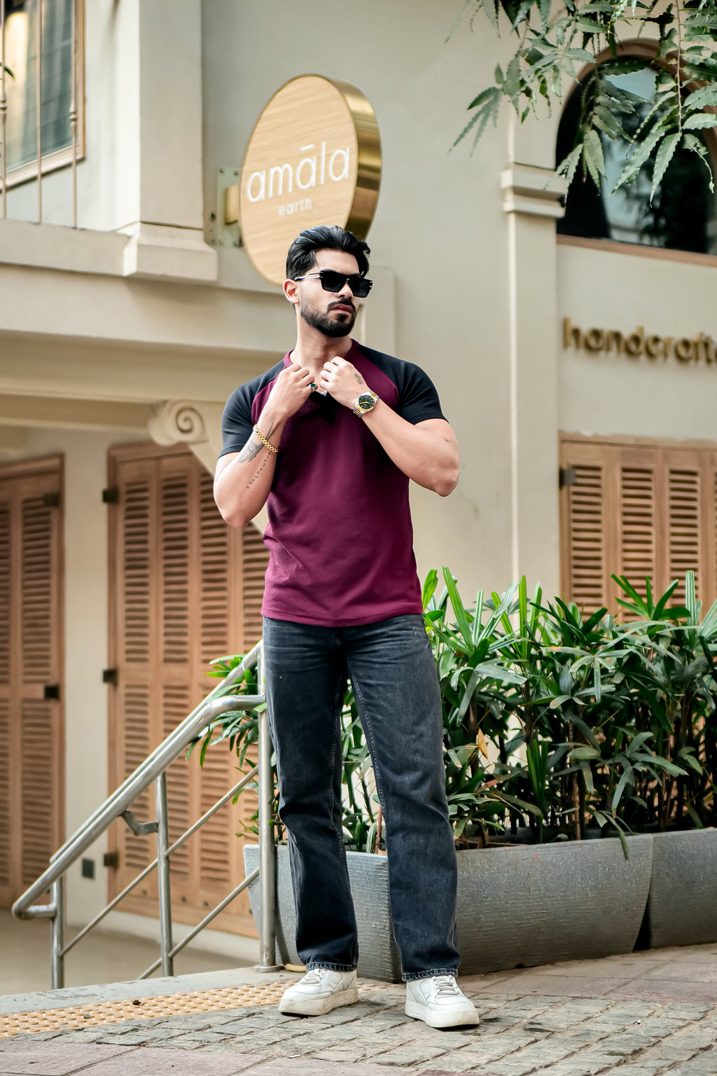 Wine Waffle Color block Raglan Henley T-Shirt