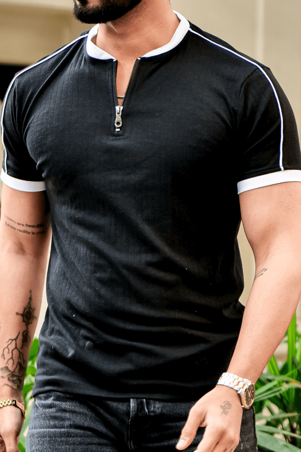 Black Drop Needle Mandarin Zipper T-Shirt