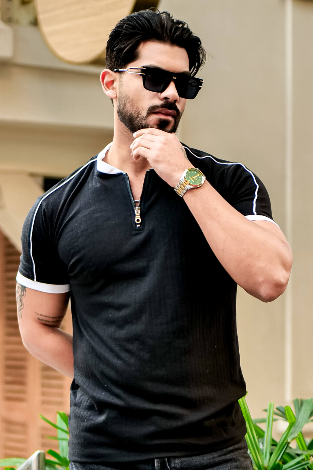 Black Drop Needle Mandarin Zipper T-Shirt