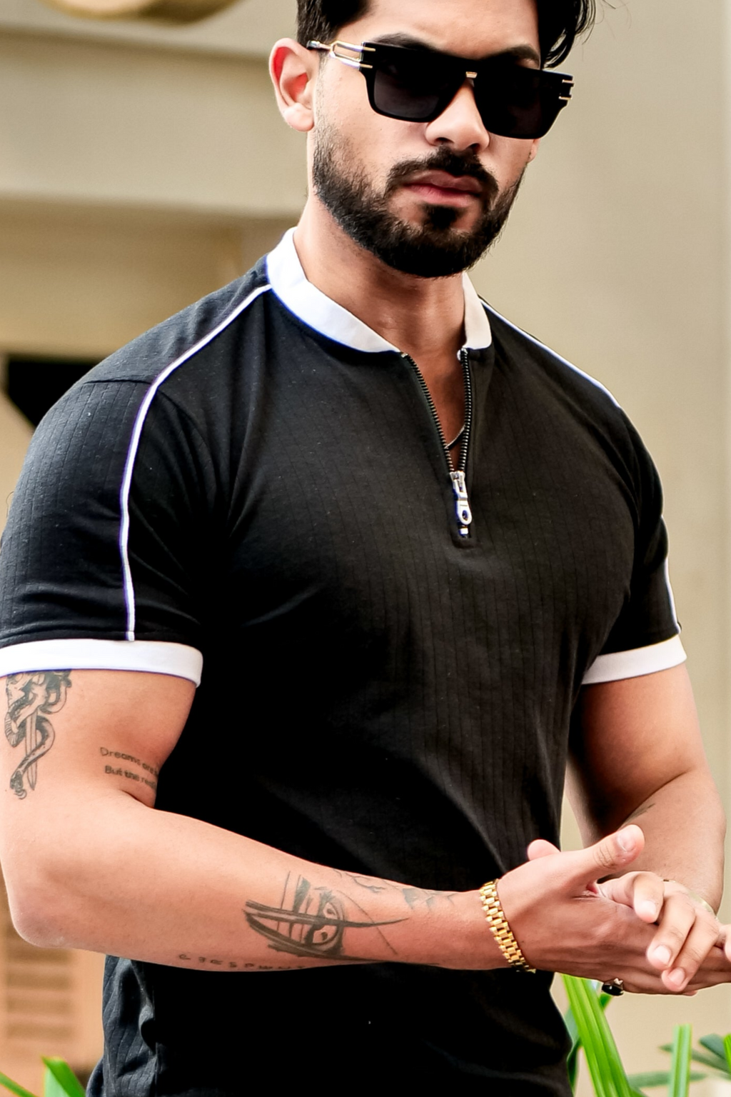 Black Drop Needle Mandarin Zipper T-Shirt