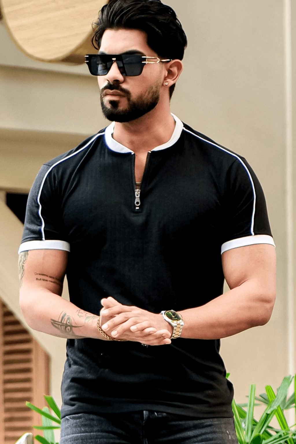 Black Drop Needle Mandarin Zipper T-Shirt