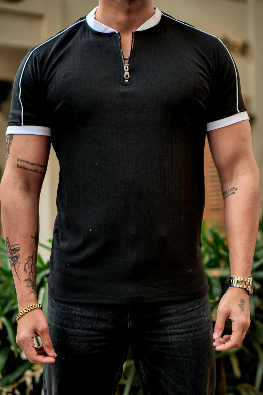 Black Drop Needle Mandarin Zipper T-Shirt