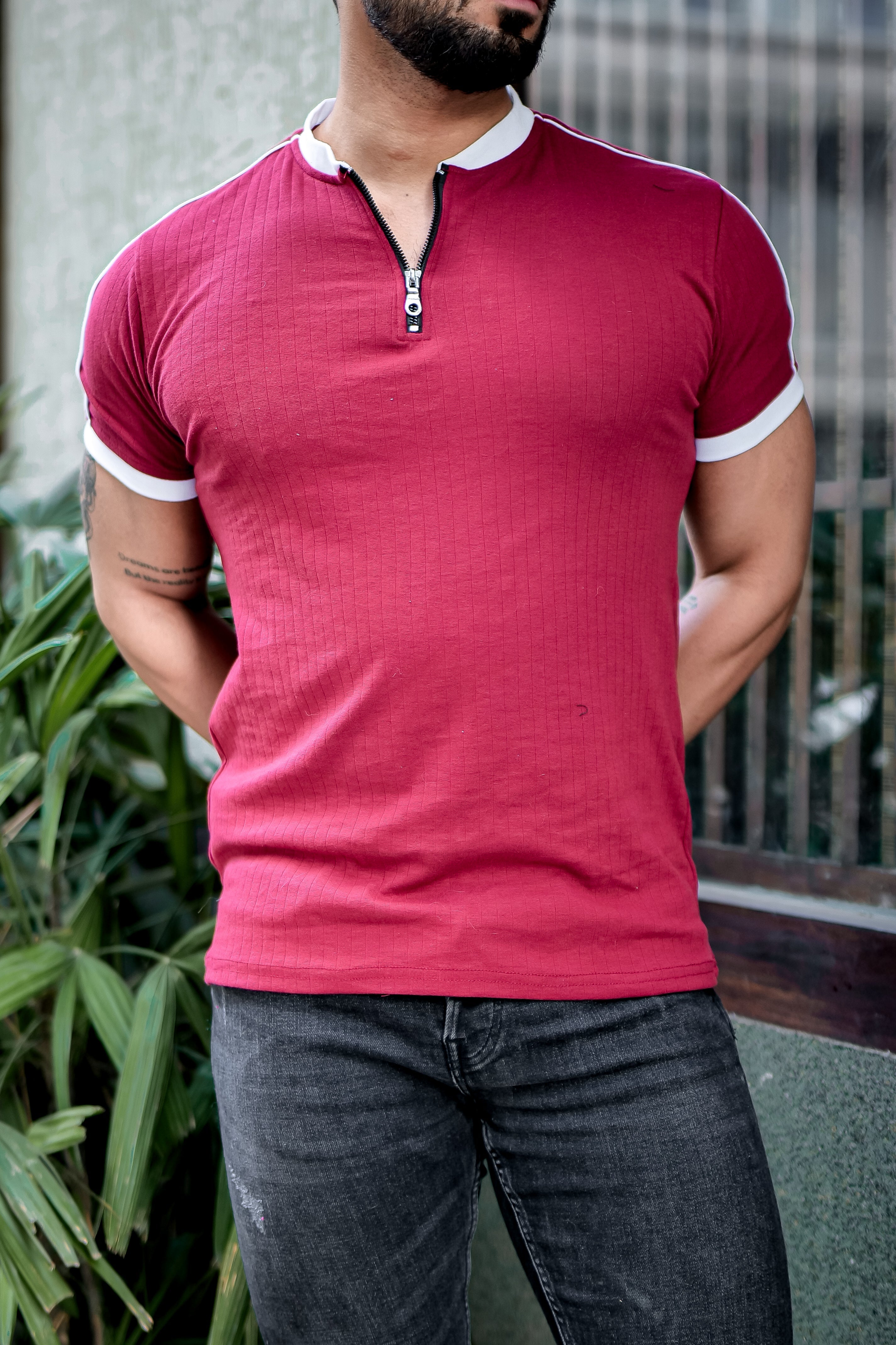 Maroon Drop Needle Zipper T-Shirt