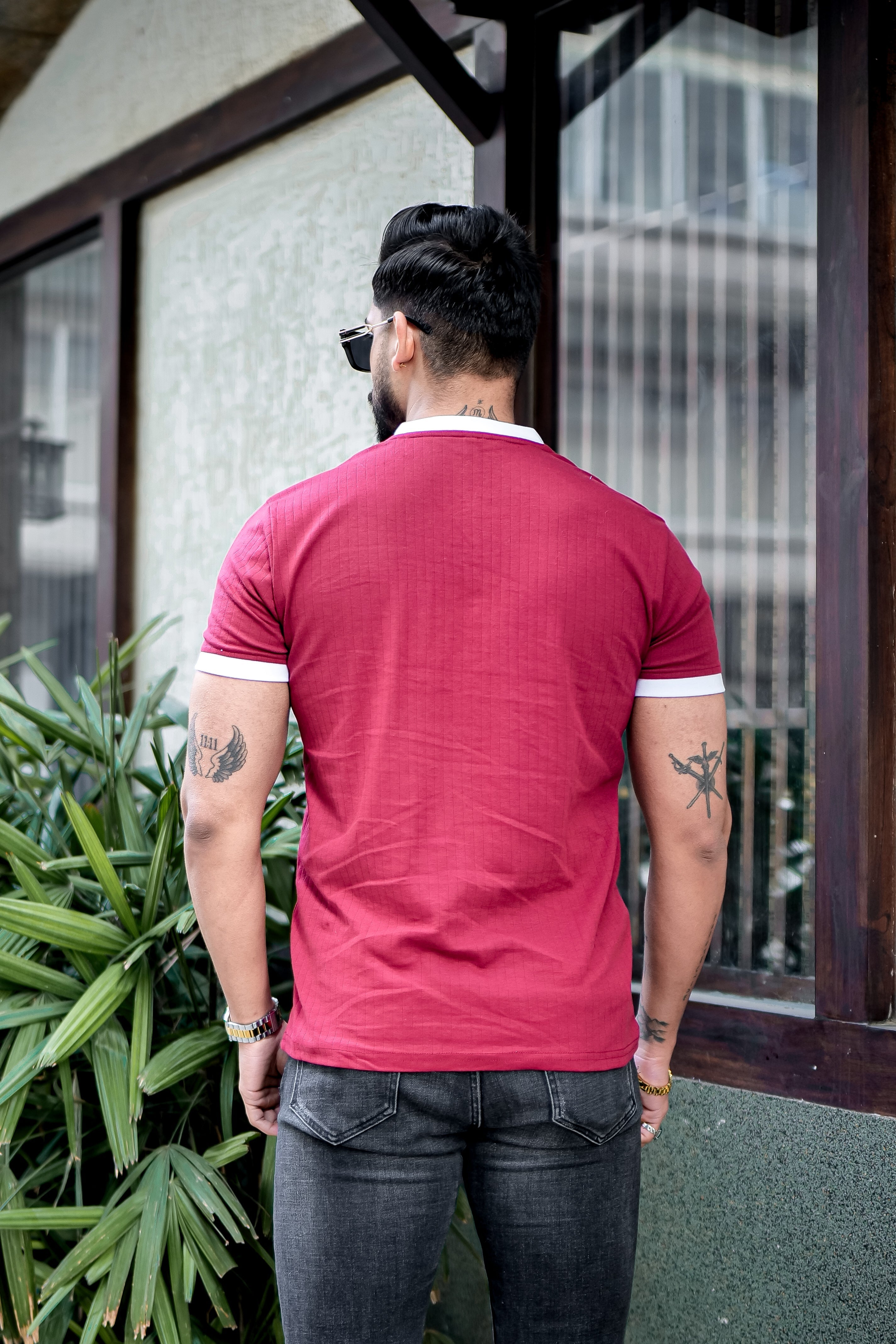 Maroon Drop Needle Zipper T-Shirt