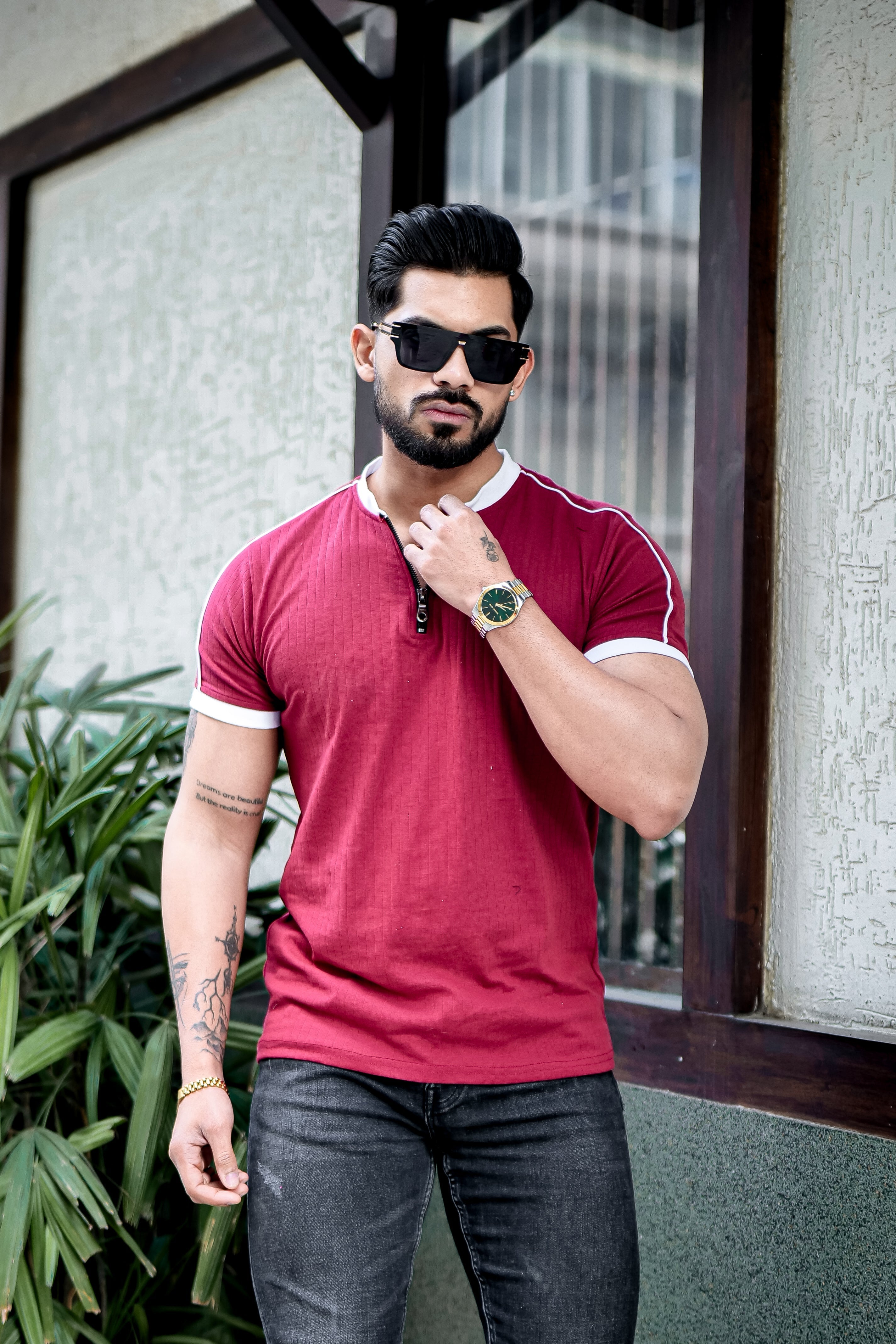 Maroon Drop Needle Zipper T-Shirt