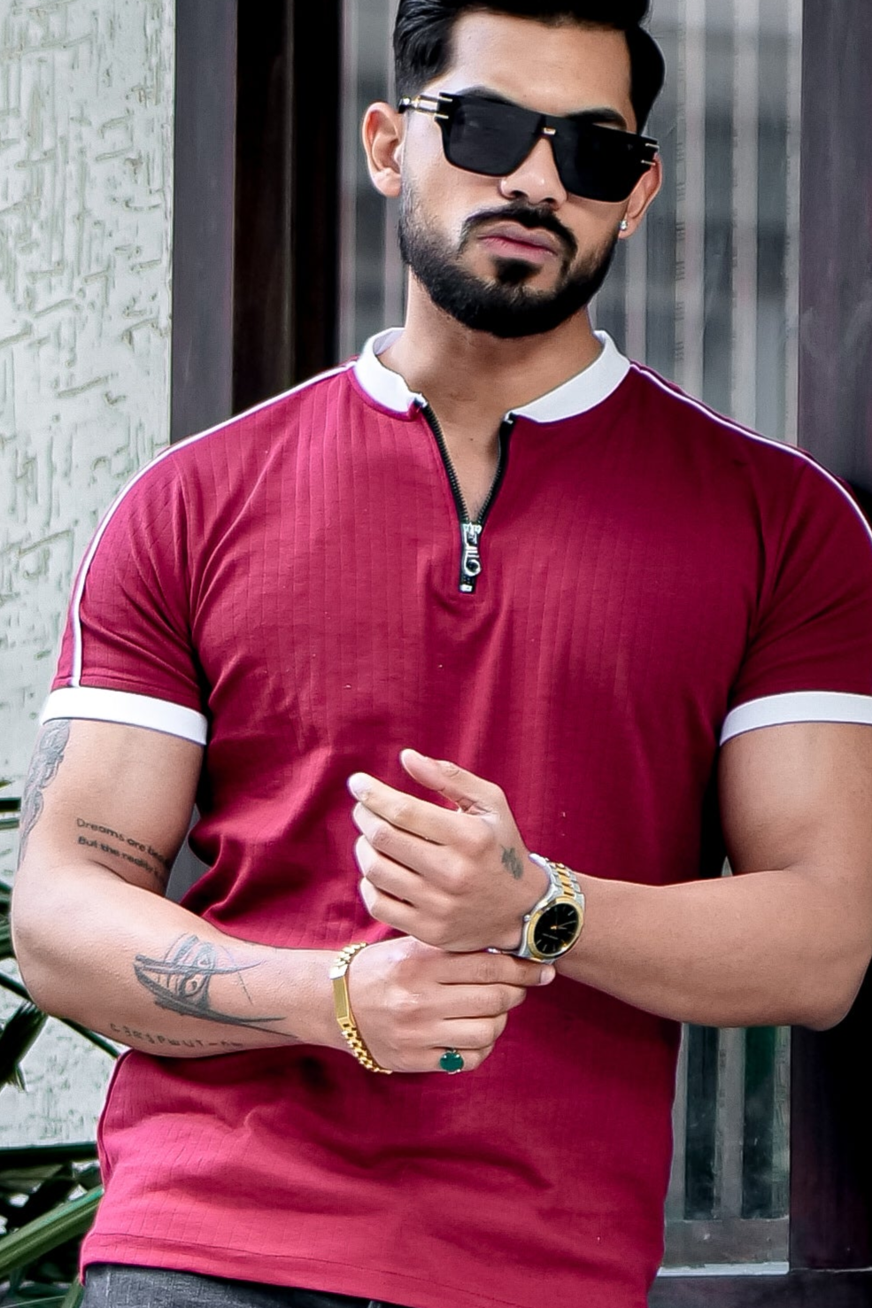 Maroon Drop Needle Zipper T-Shirt