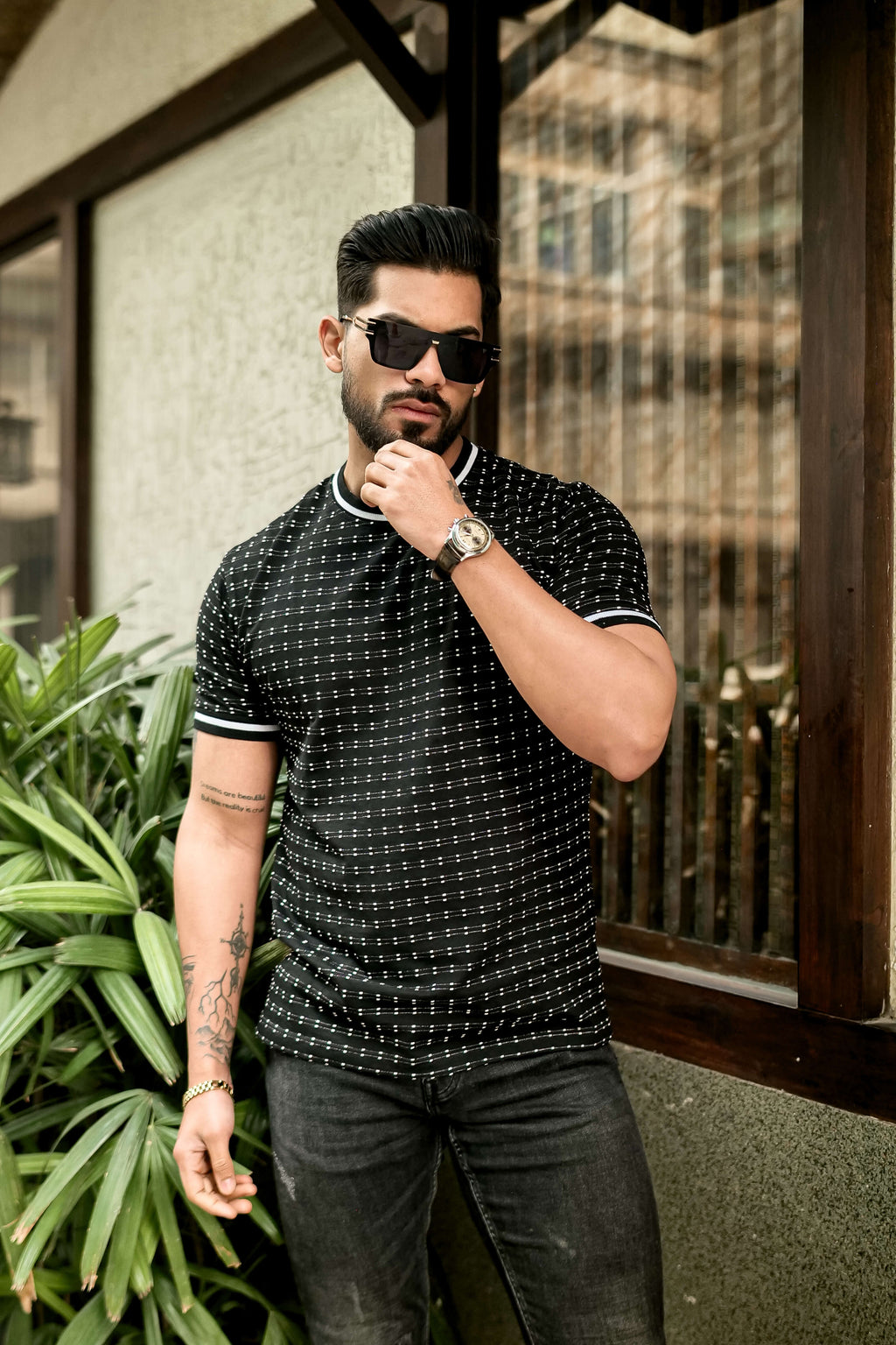 Black Self Design Round Neck T-Shirt