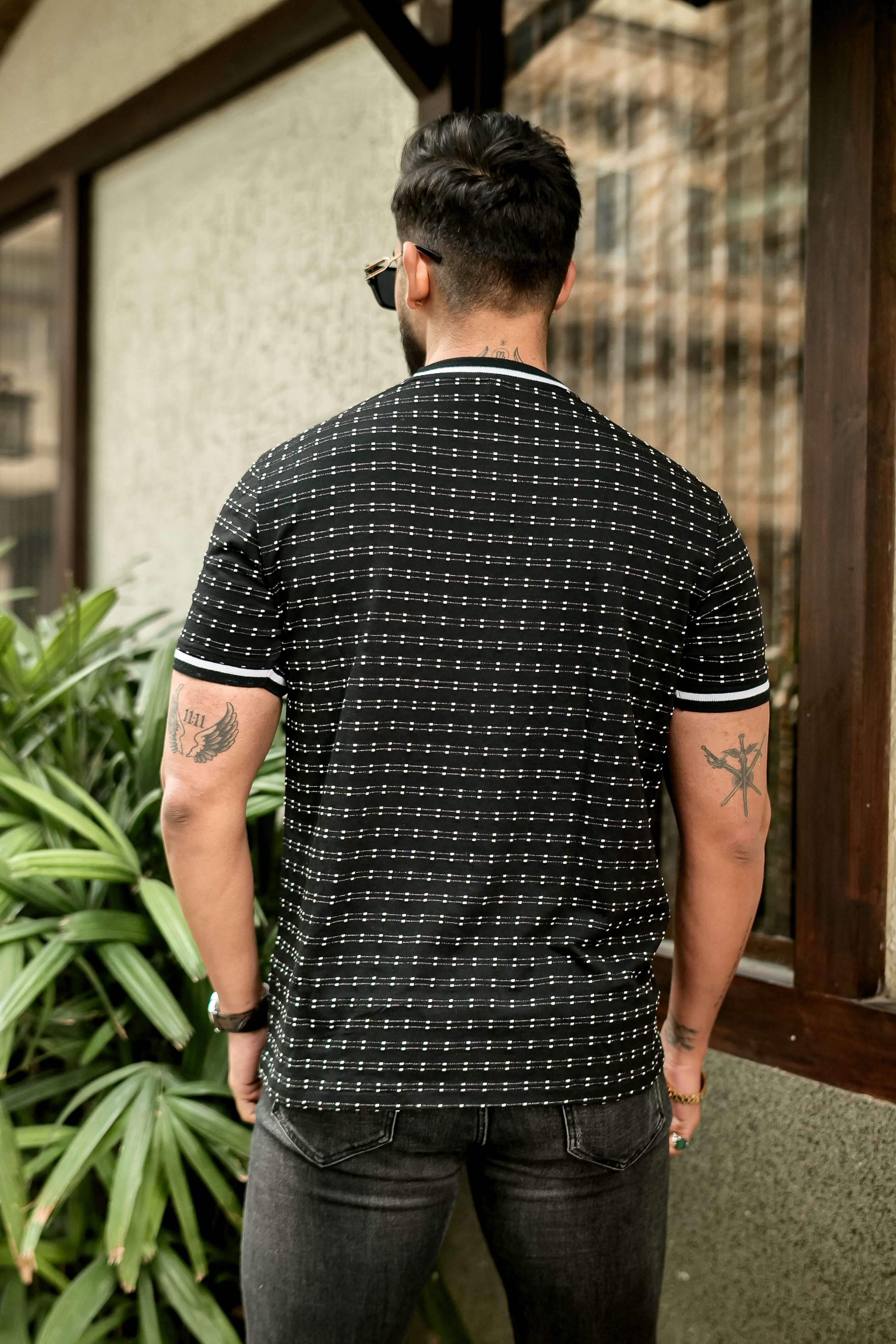 Black Self Design Round Neck T-Shirt