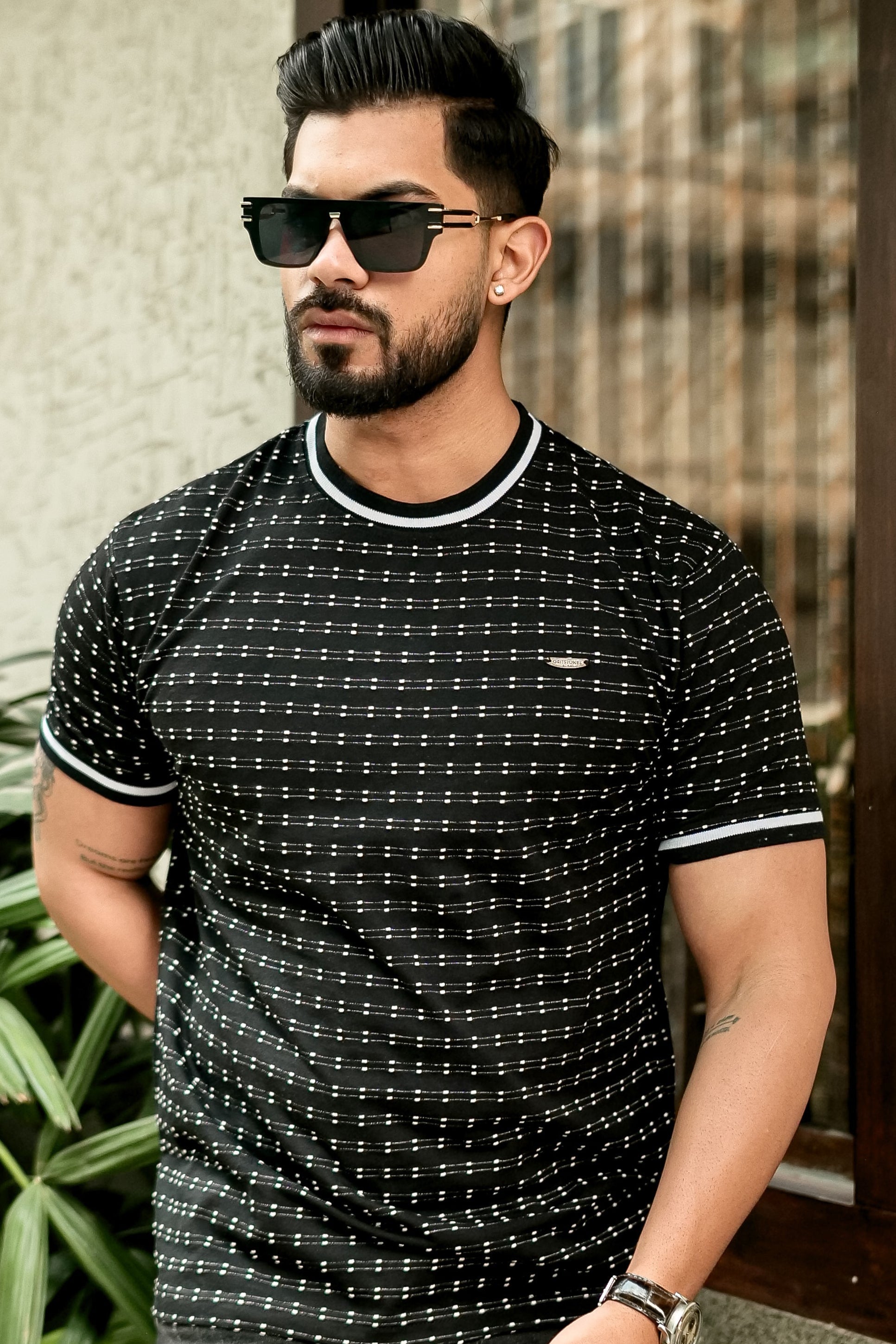 Black Self Design Round Neck T-Shirt