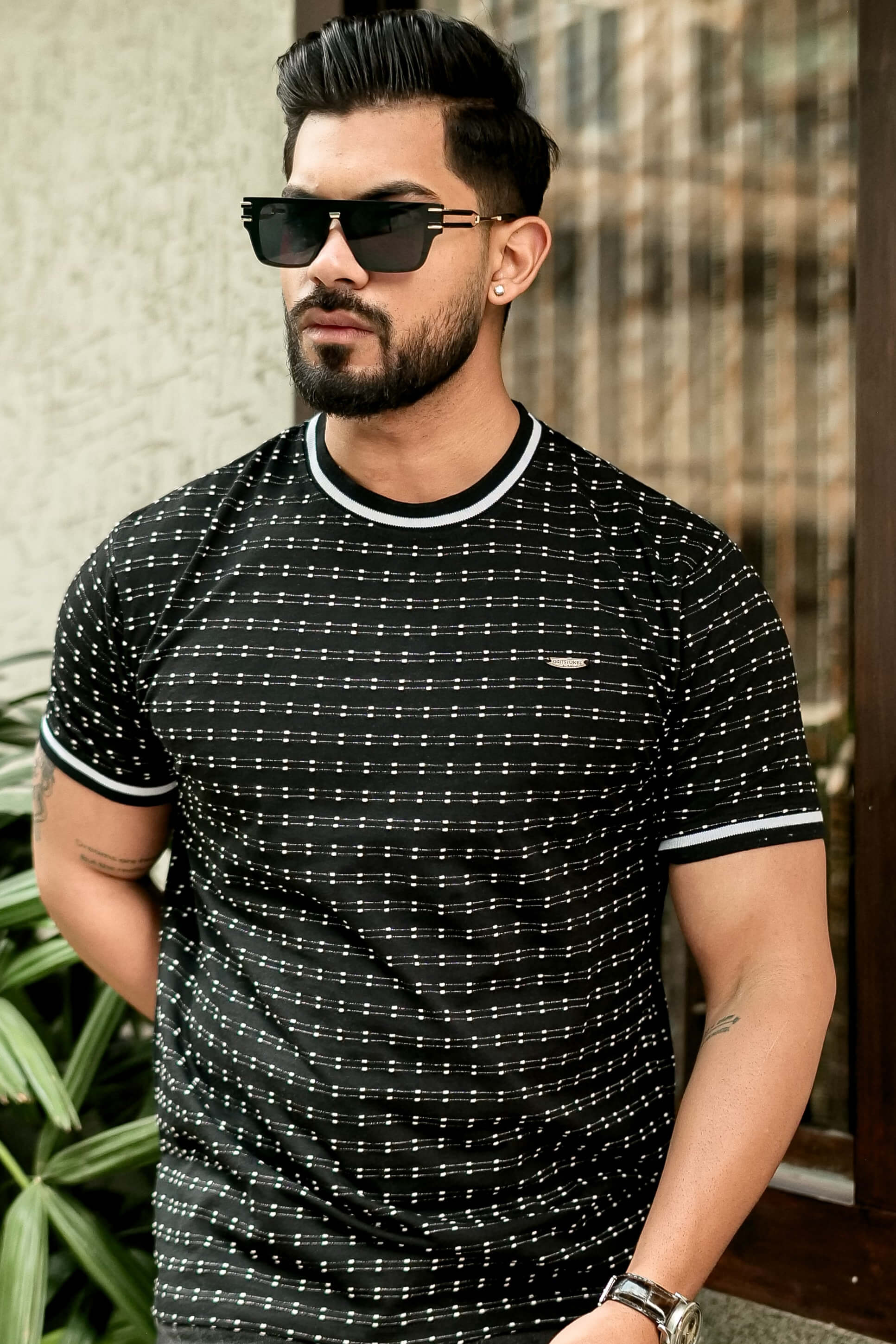 Black Self Design Round Neck T-Shirt