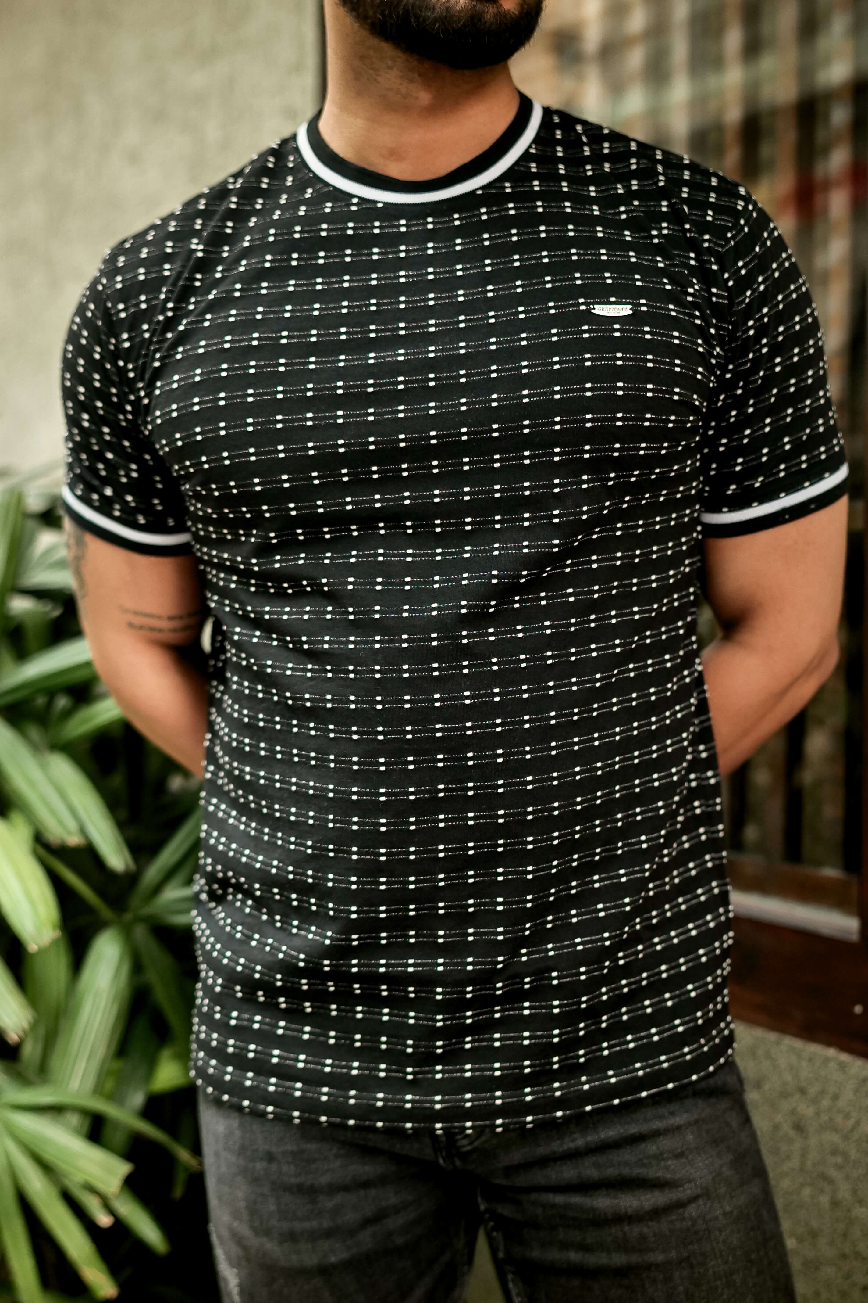 Black Self Design Round Neck T-Shirt