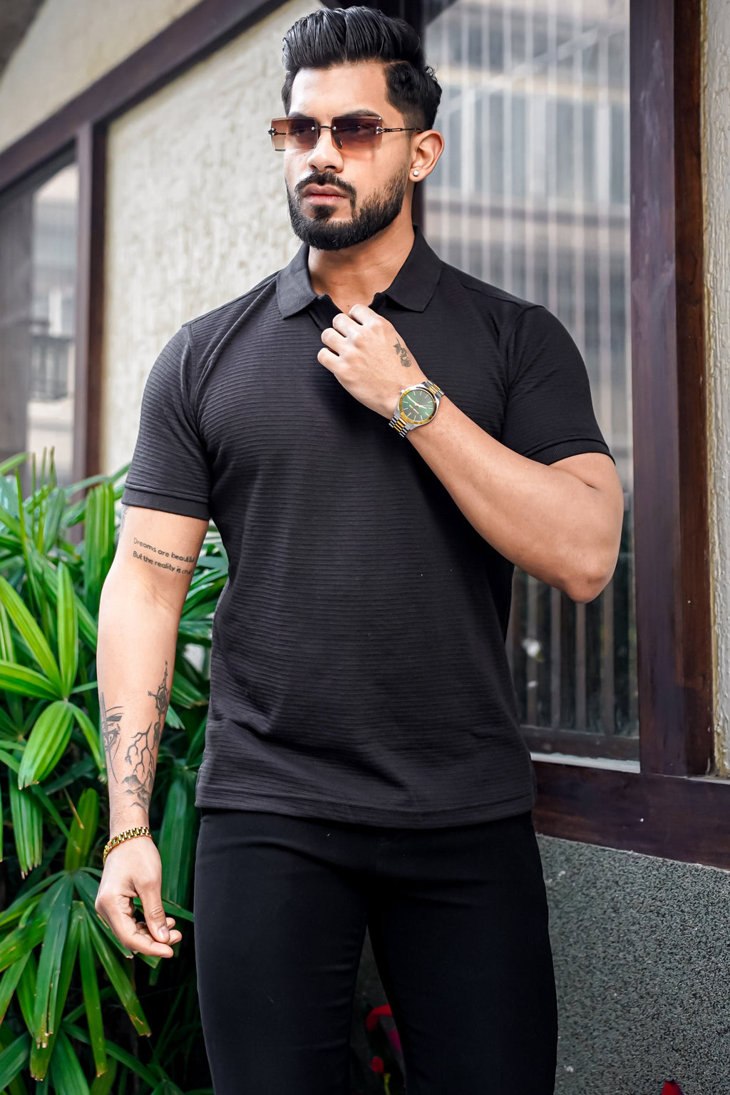 Black Self Design Polo Neck T-Shirt