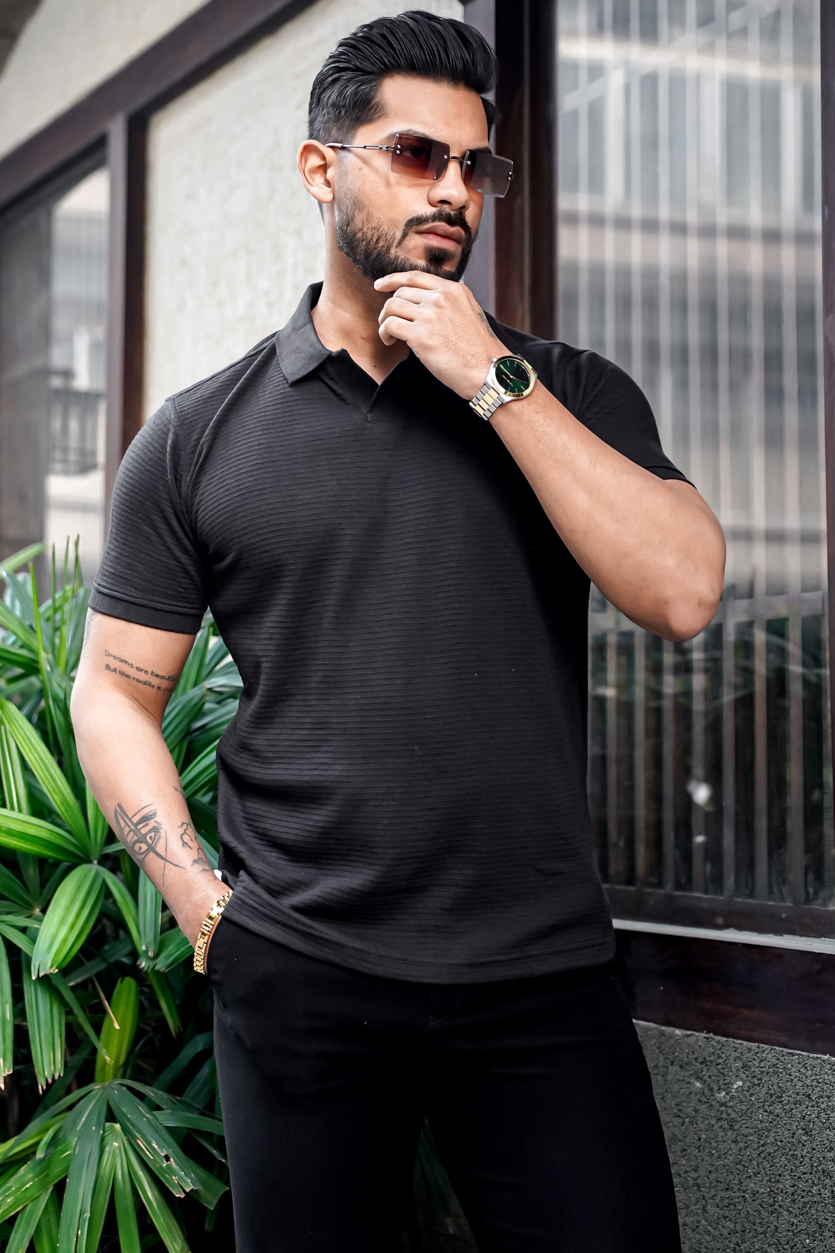 Black Self Design Polo Neck T-Shirt