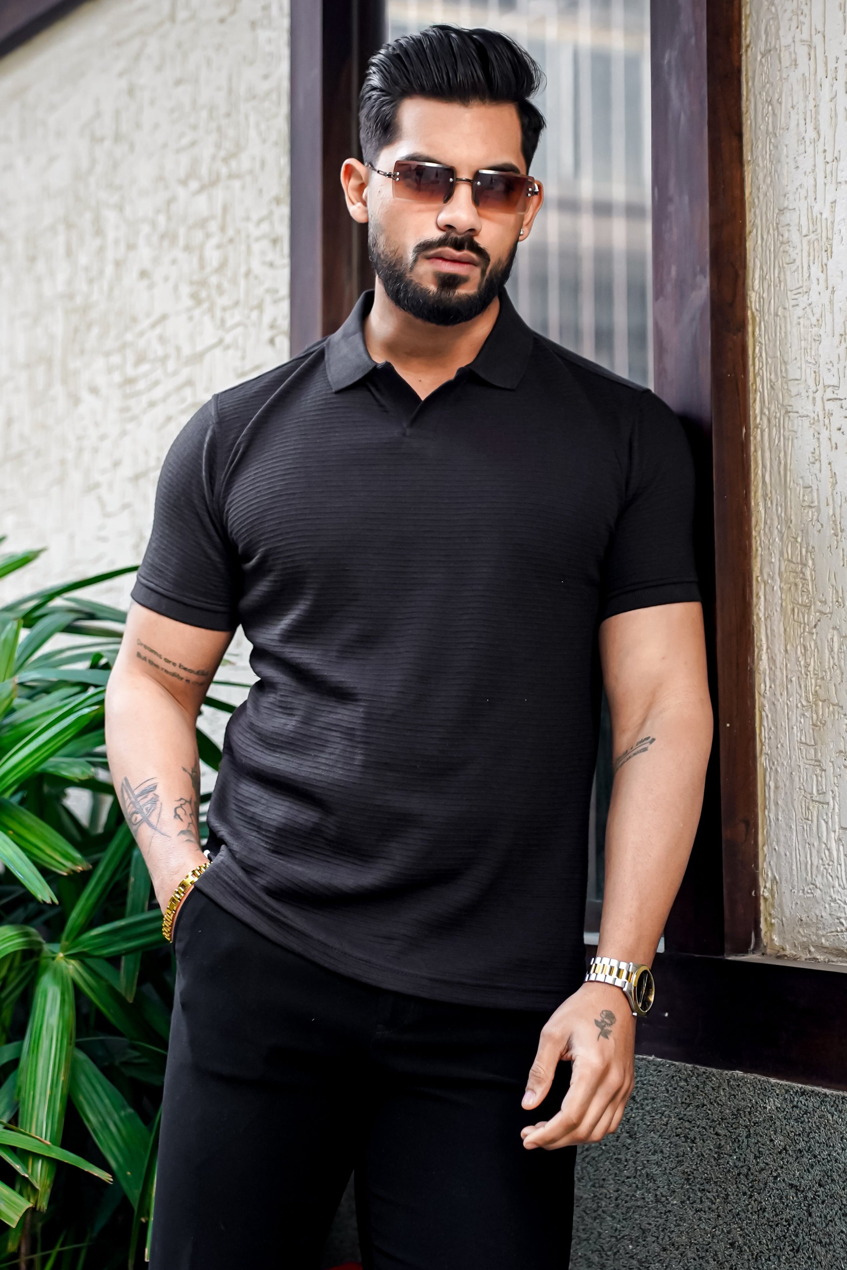 Black Self Design Polo Neck T-Shirt
