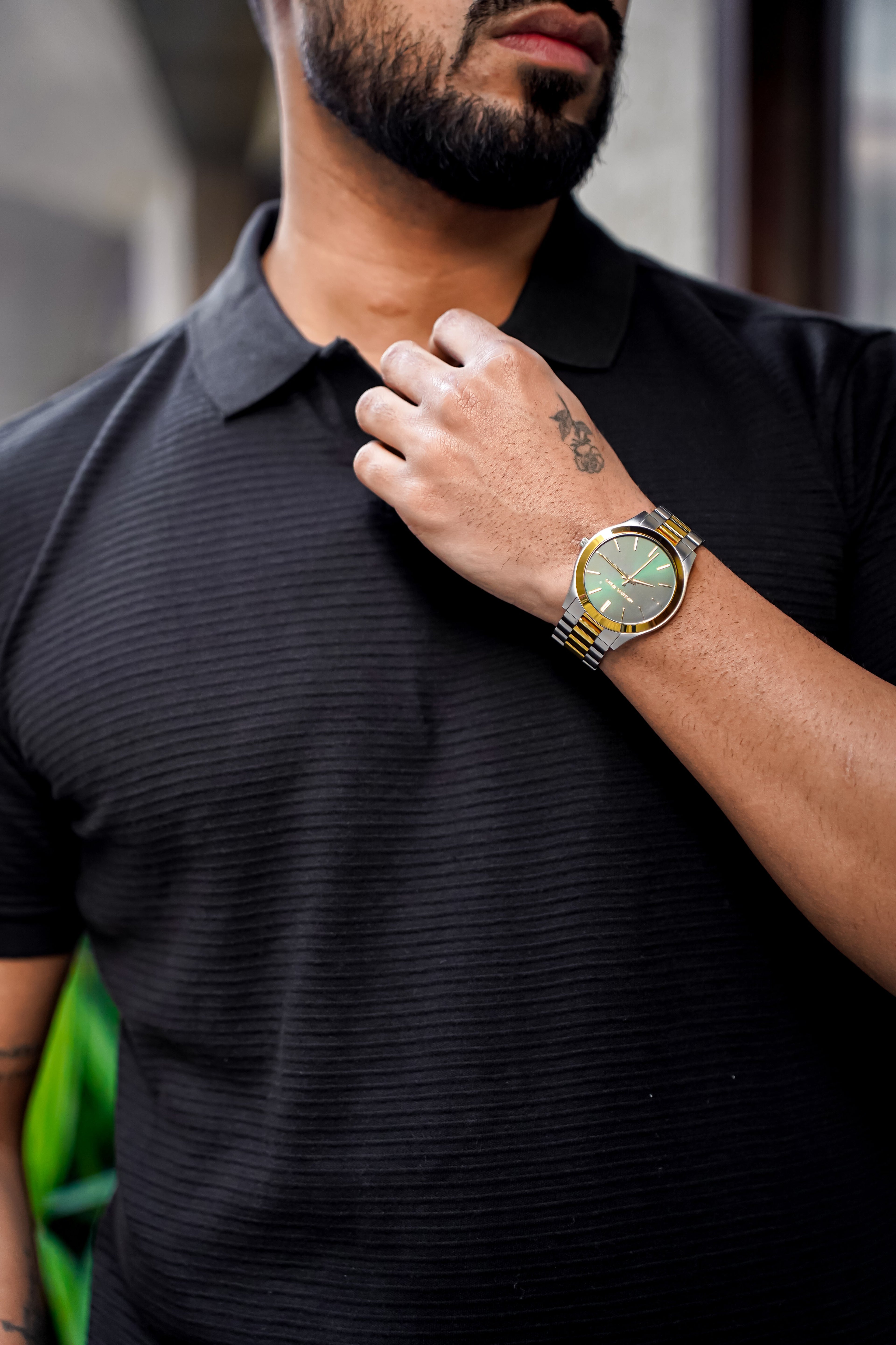 Black Self Design Polo Neck T-Shirt