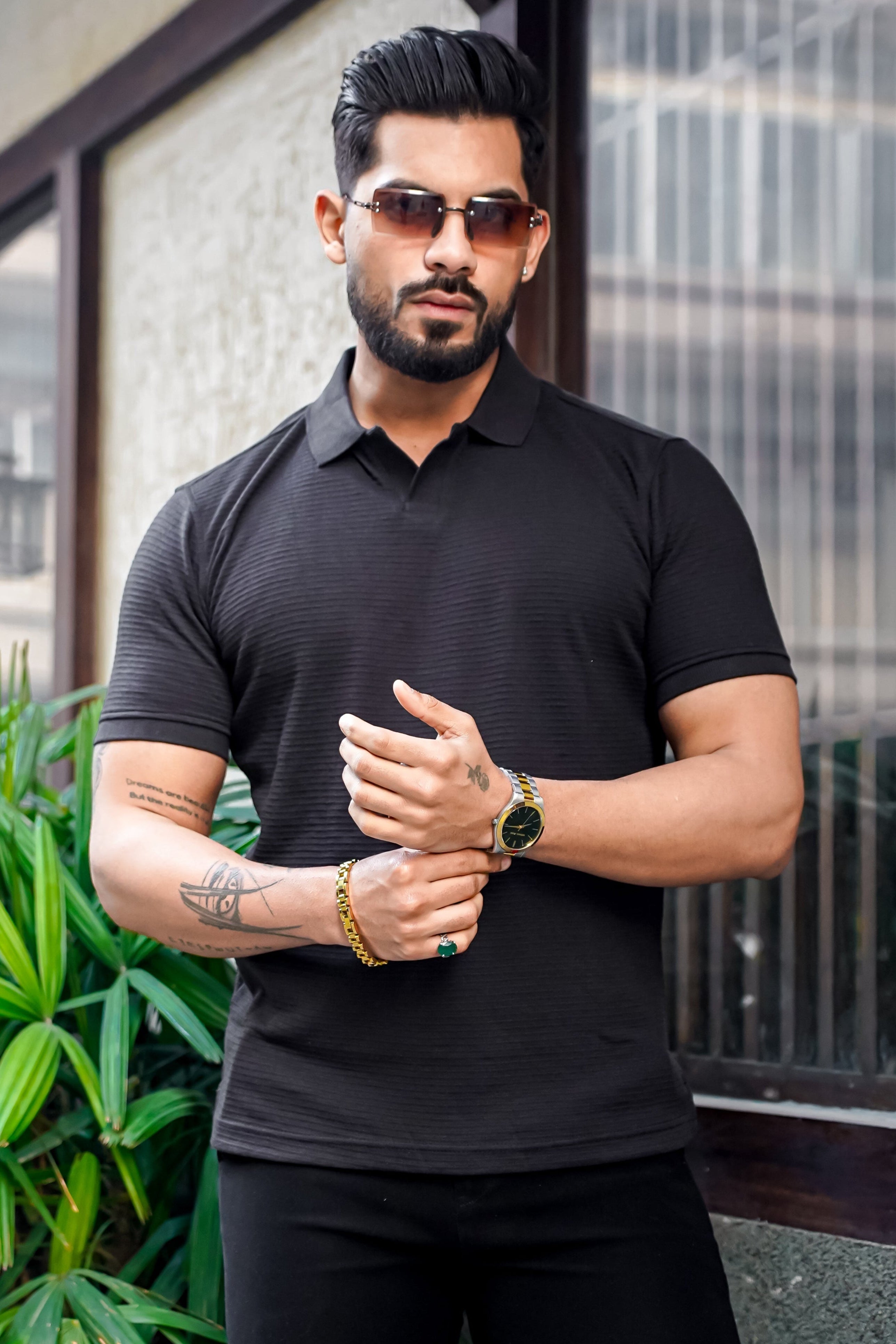 Black Self Design Polo Neck T-Shirt