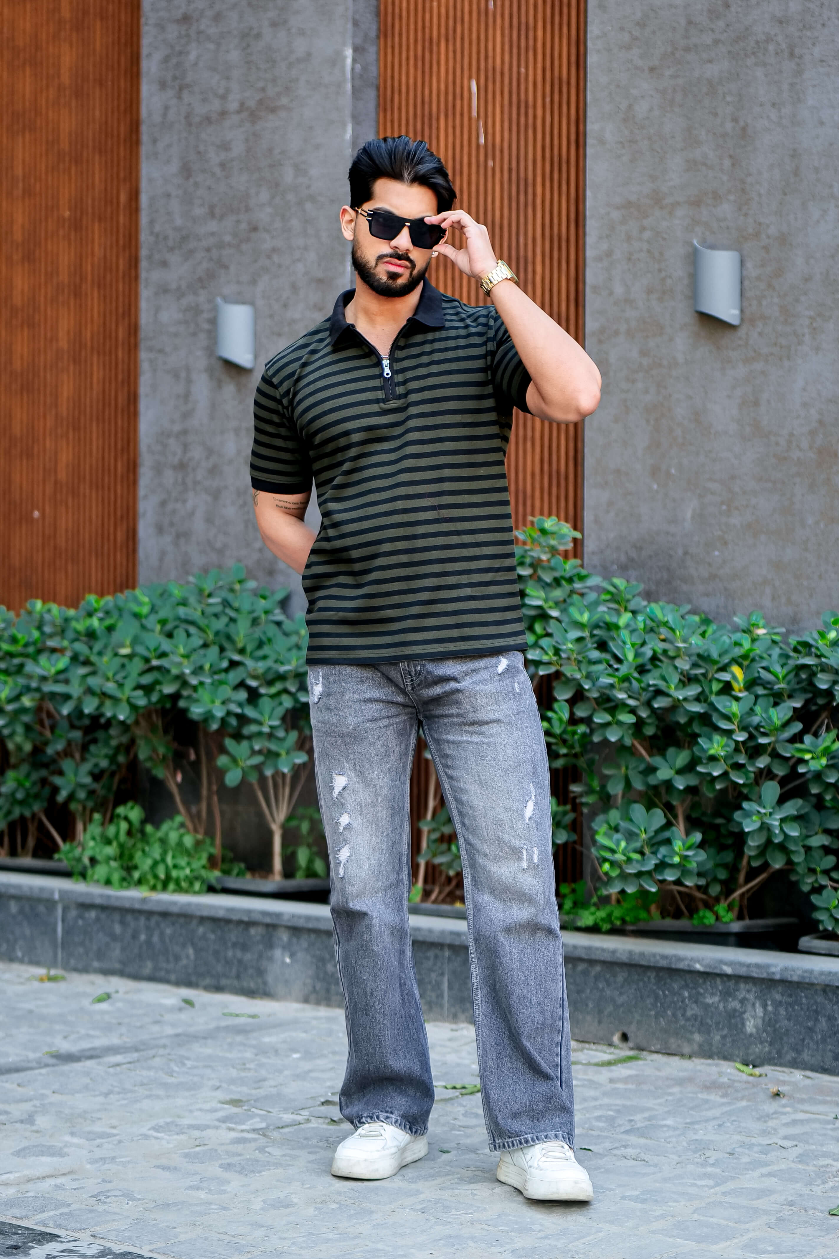 Black Striper Polo Neck Zipper T-Shirt