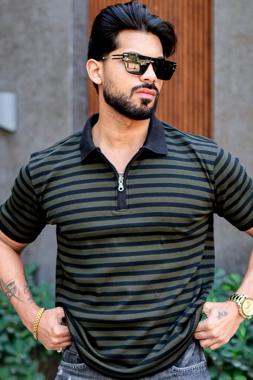 Black Striper Polo Neck Zipper T-Shirt