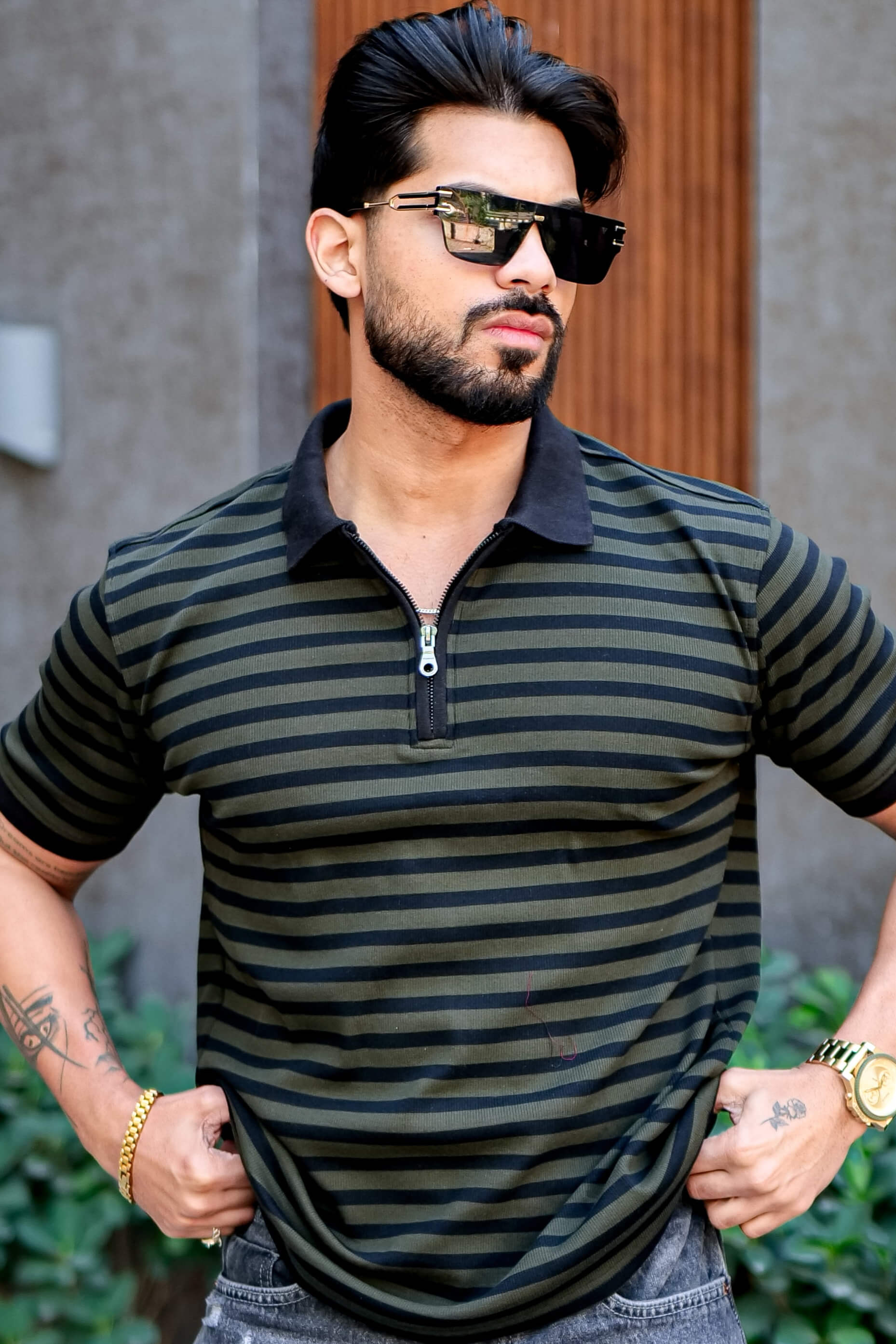 Black Striper Polo Neck Zipper T-Shirt