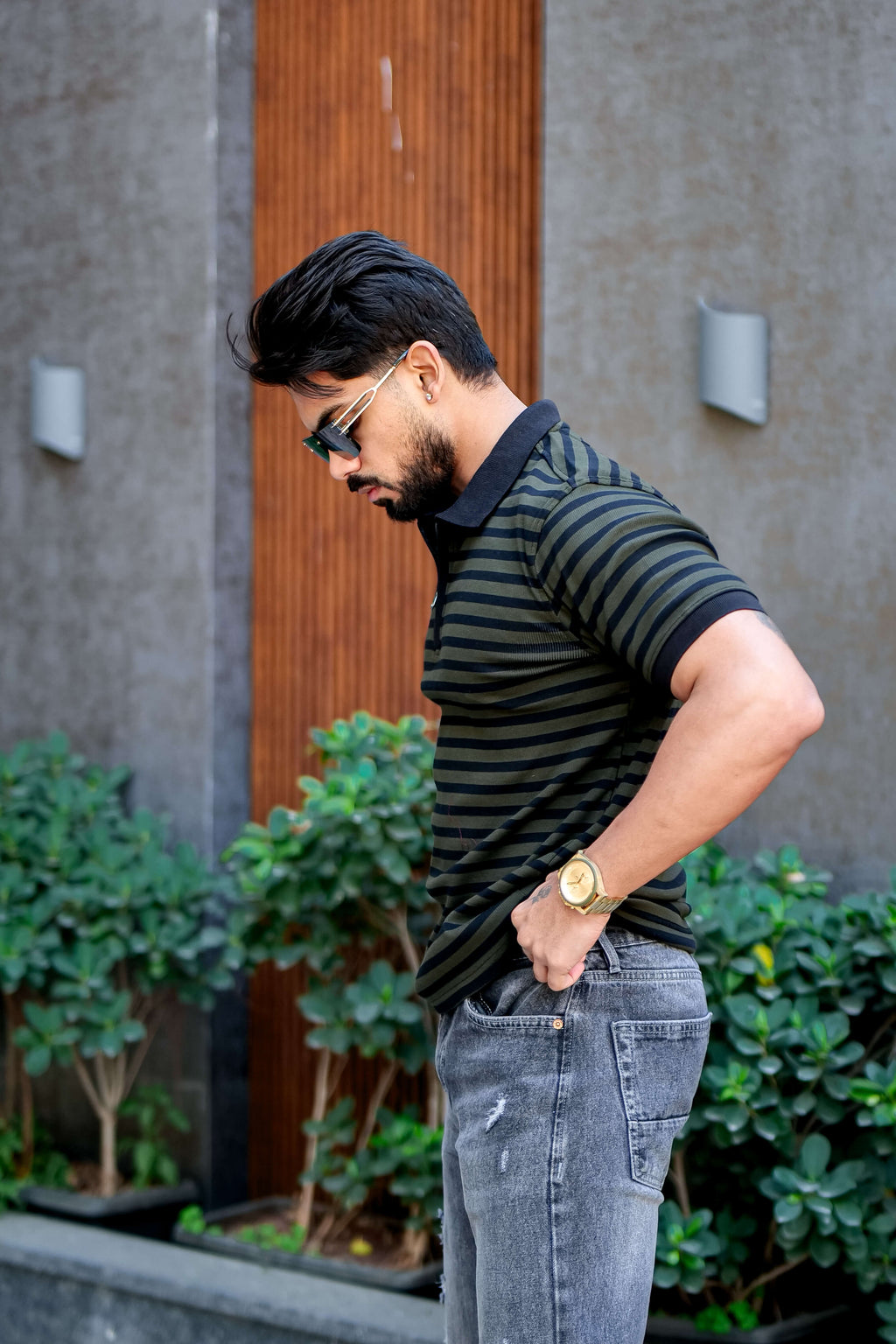 Black Striper Polo Neck Zipper T-Shirt