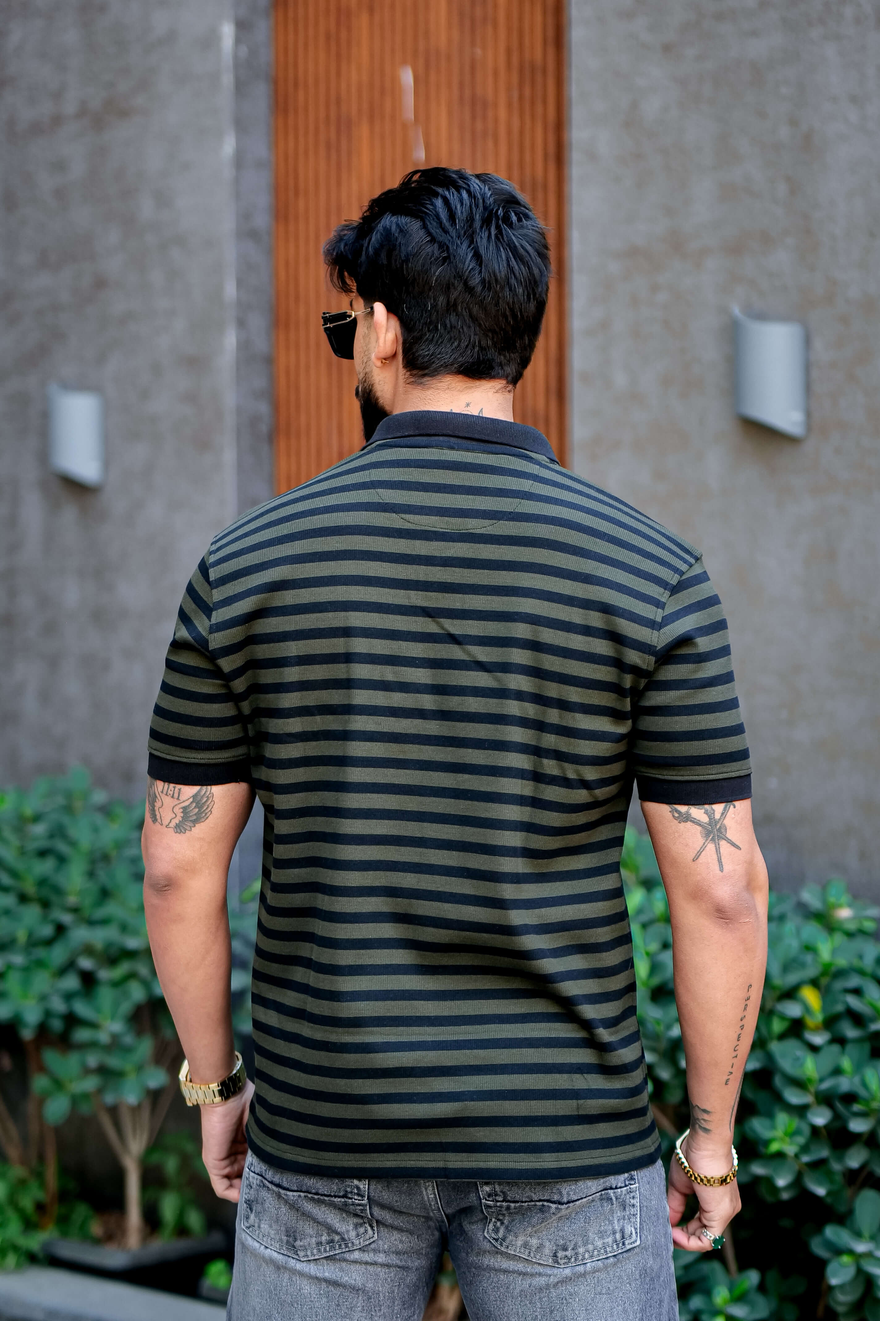 Black Striper Polo Neck Zipper T-Shirt