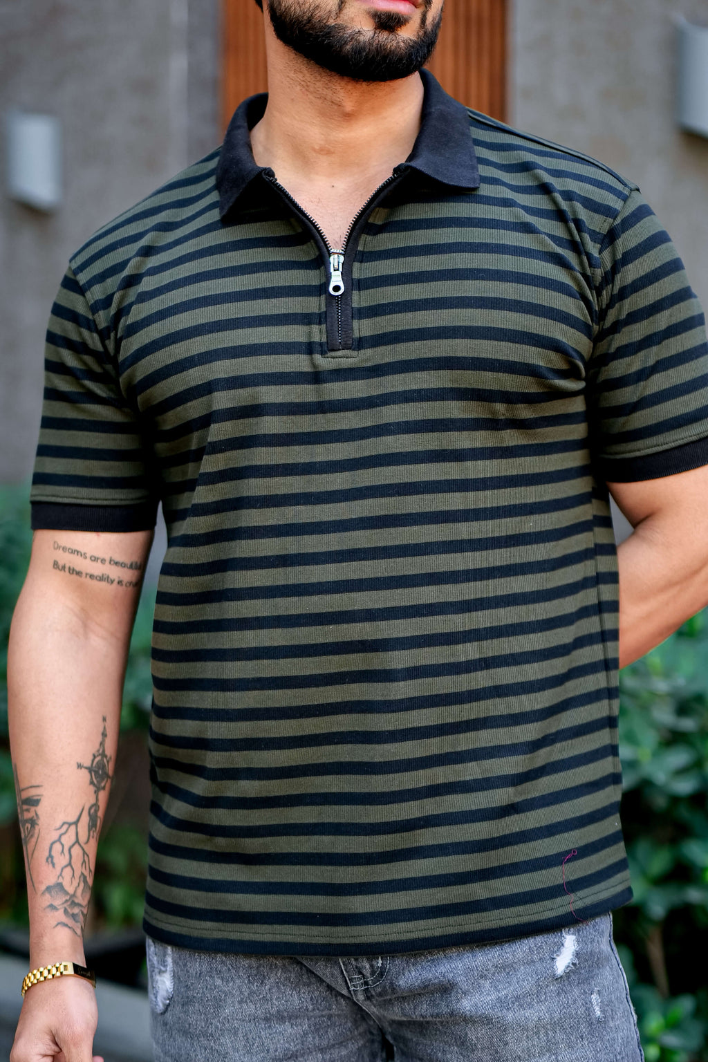 Black Striper Polo Neck Zipper T-Shirt
