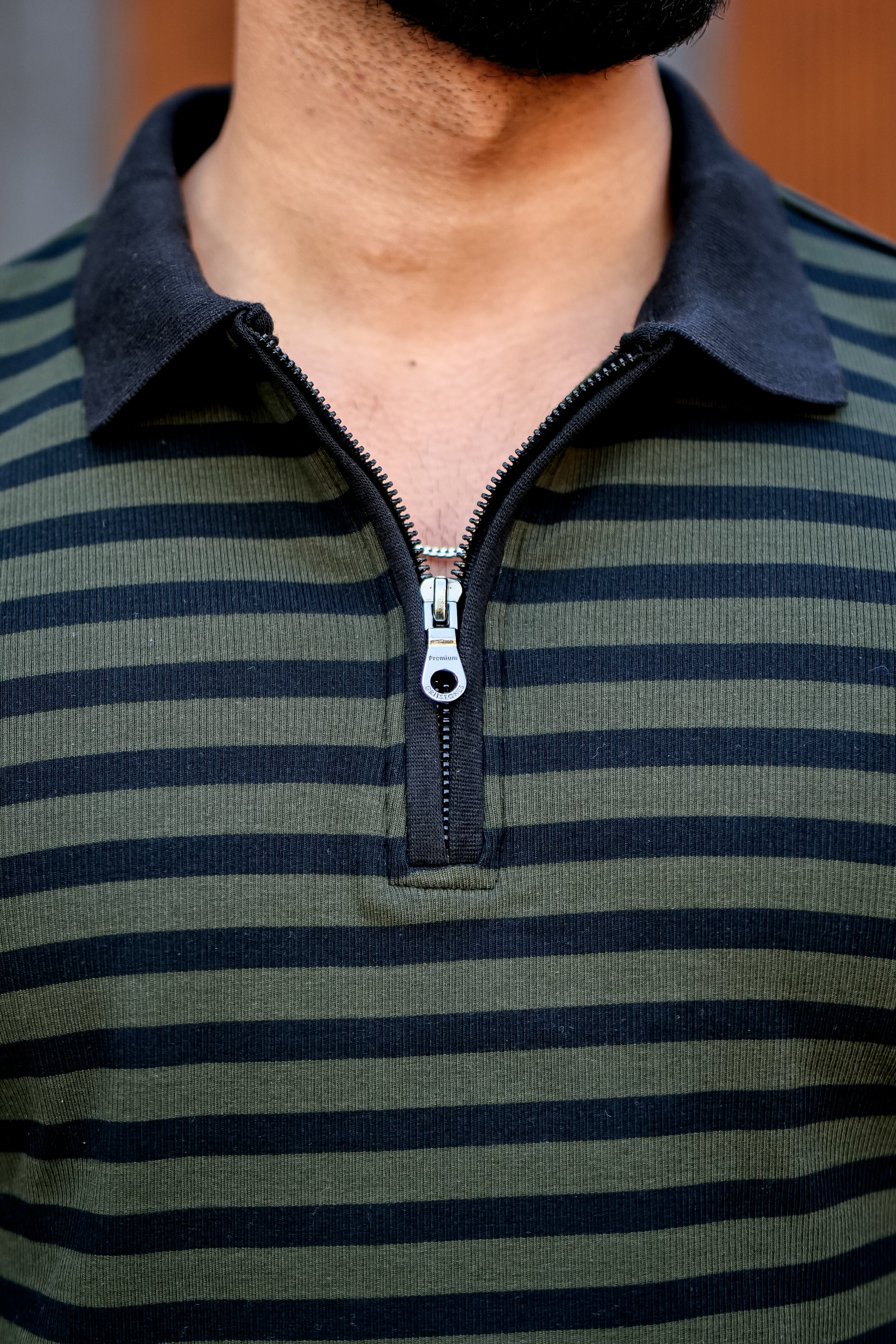 Black Striper Polo Neck Zipper T-Shirt