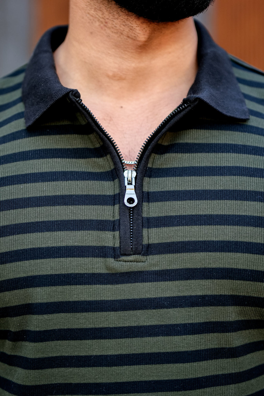Black Striper Polo Neck Zipper T-Shirt