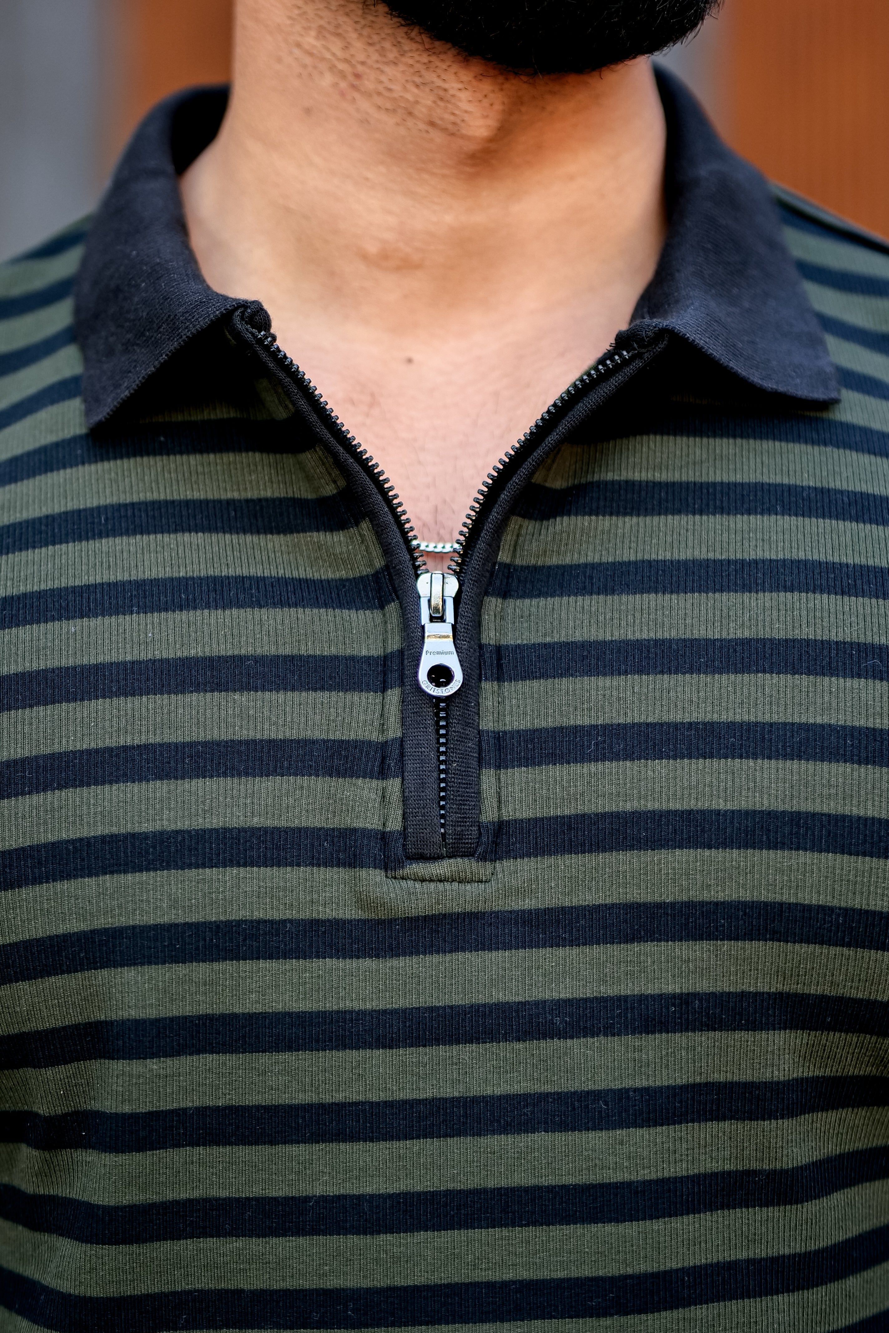 Black Striper Polo Neck Zipper T-Shirt