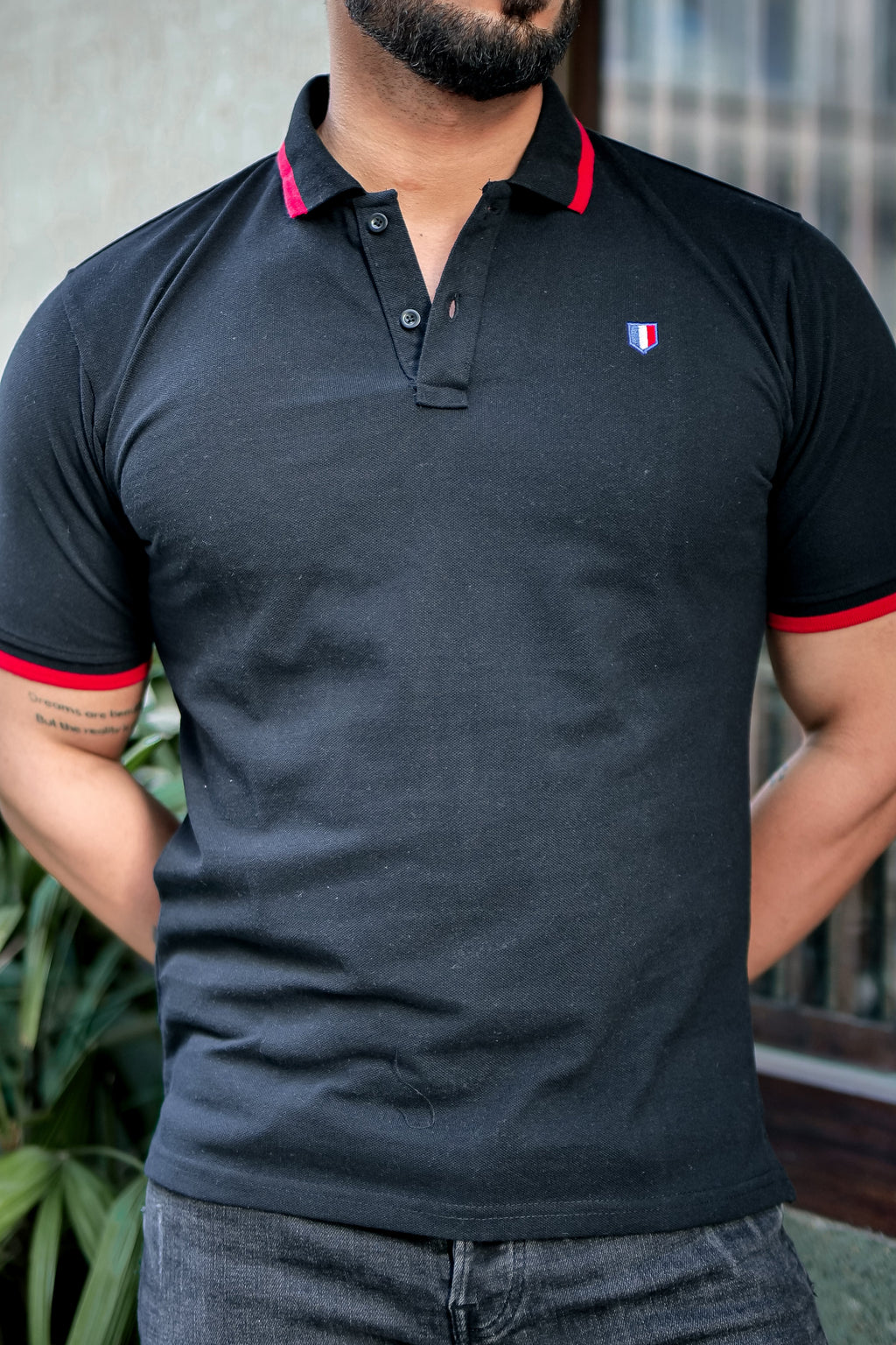 Black Ribbed Collar Logo Embroidered Polo T-Shirt
