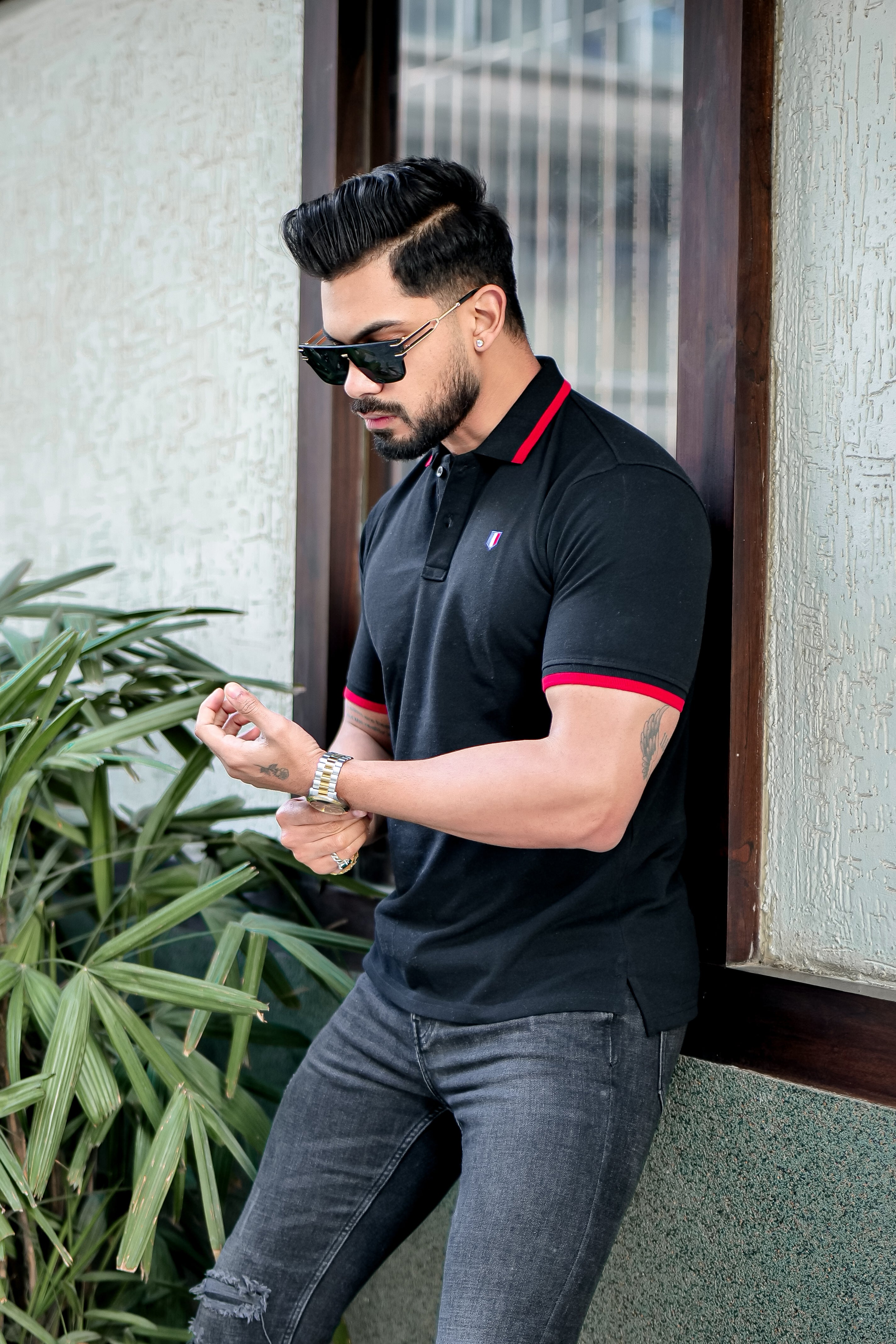 Black Ribbed Collar Logo Embroidered Polo T-Shirt