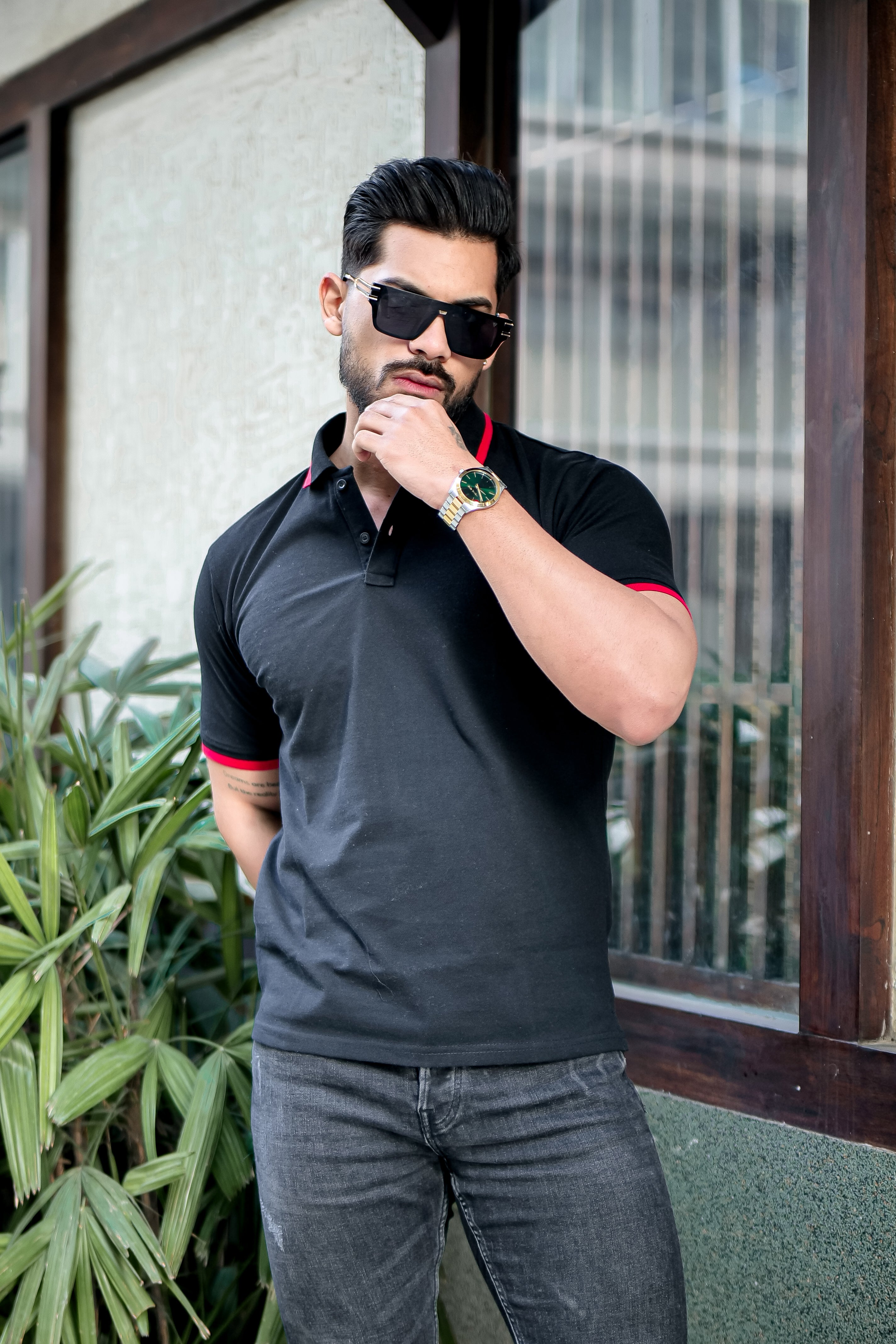 Black Ribbed Collar Logo Embroidered Polo T-Shirt