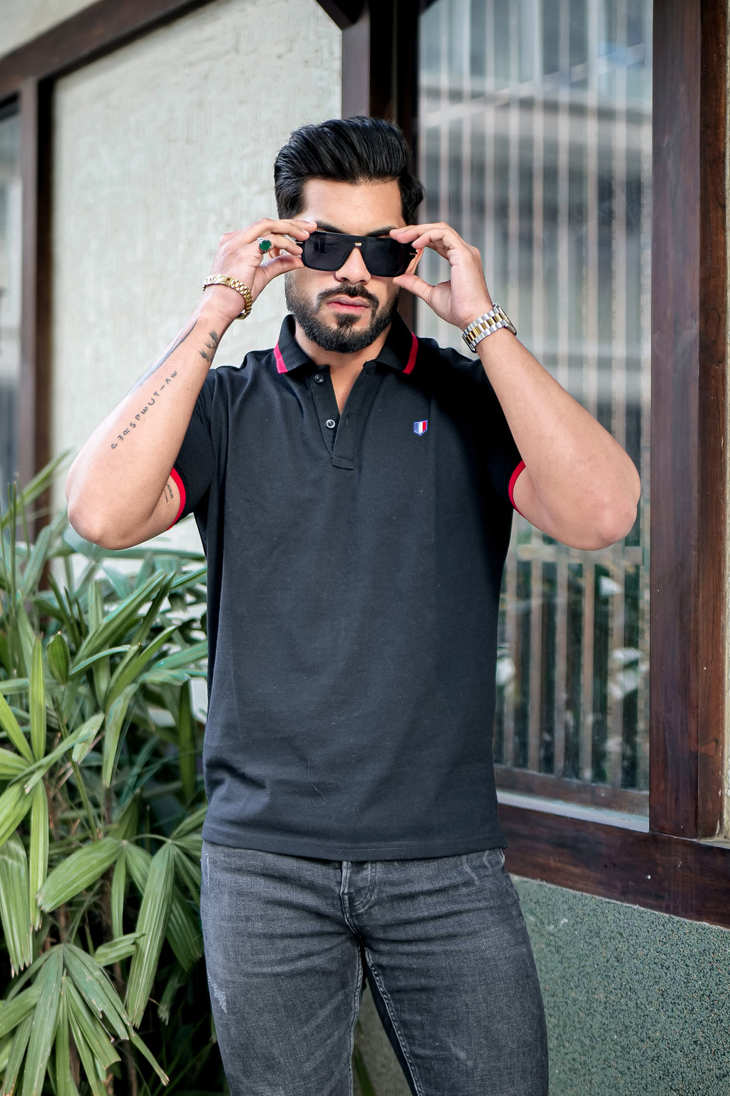 Black Ribbed Collar Logo Embroidered Polo T-Shirt