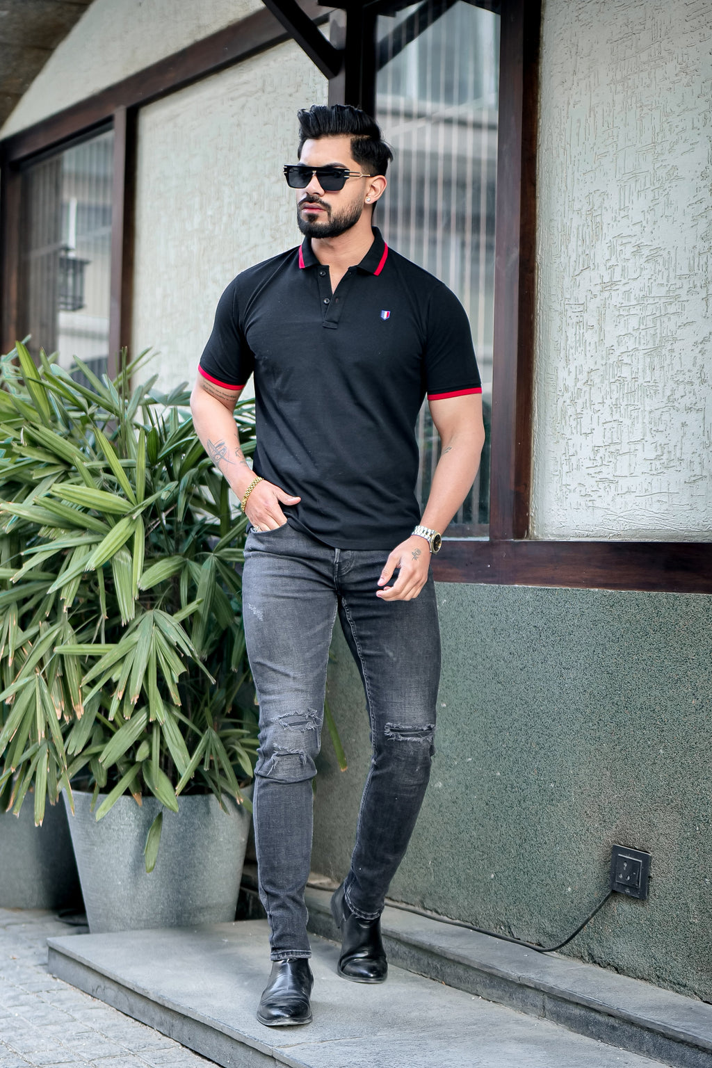 Black Ribbed Collar Logo Embroidered Polo T-Shirt
