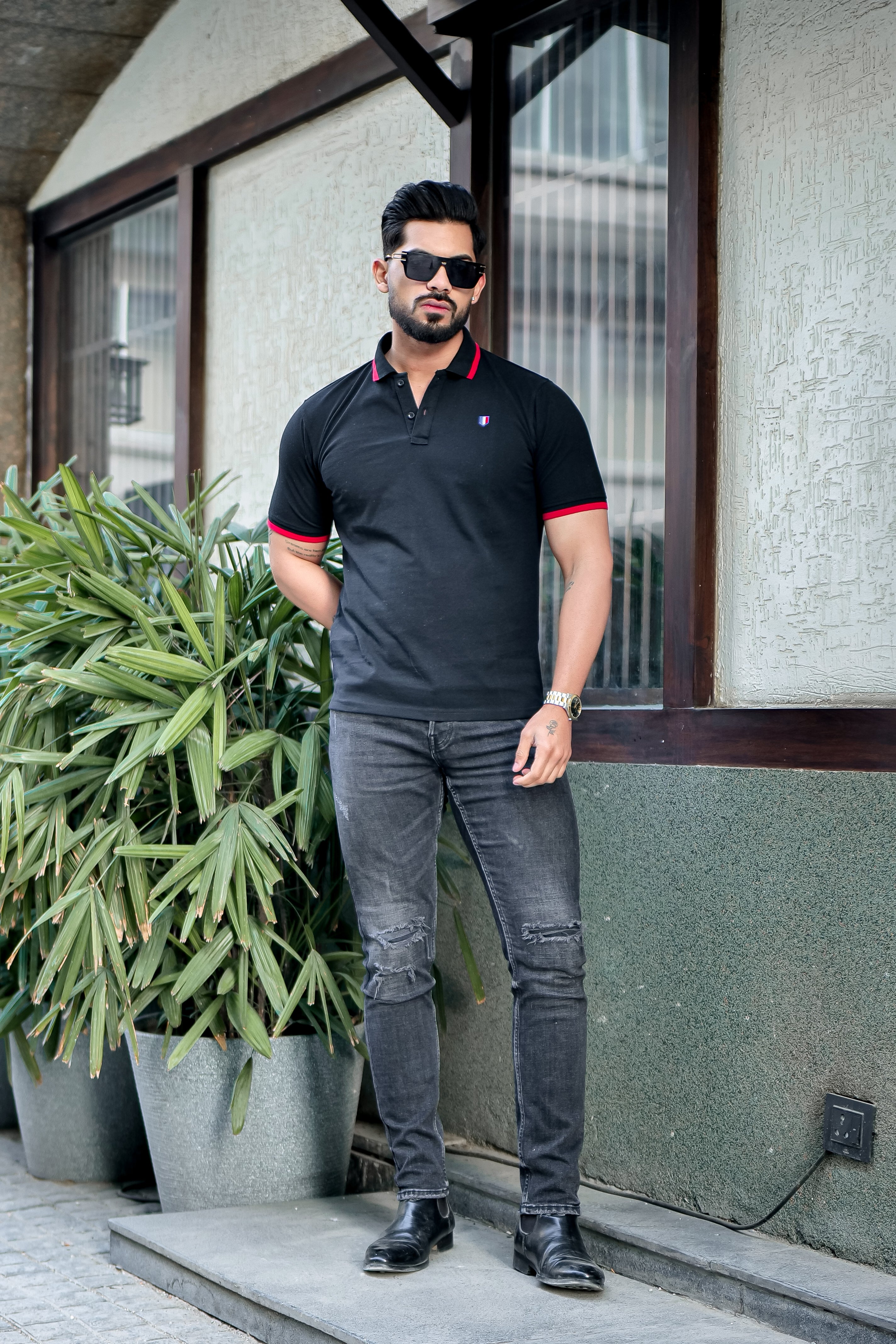 Black Ribbed Collar Logo Embroidered Polo T-Shirt