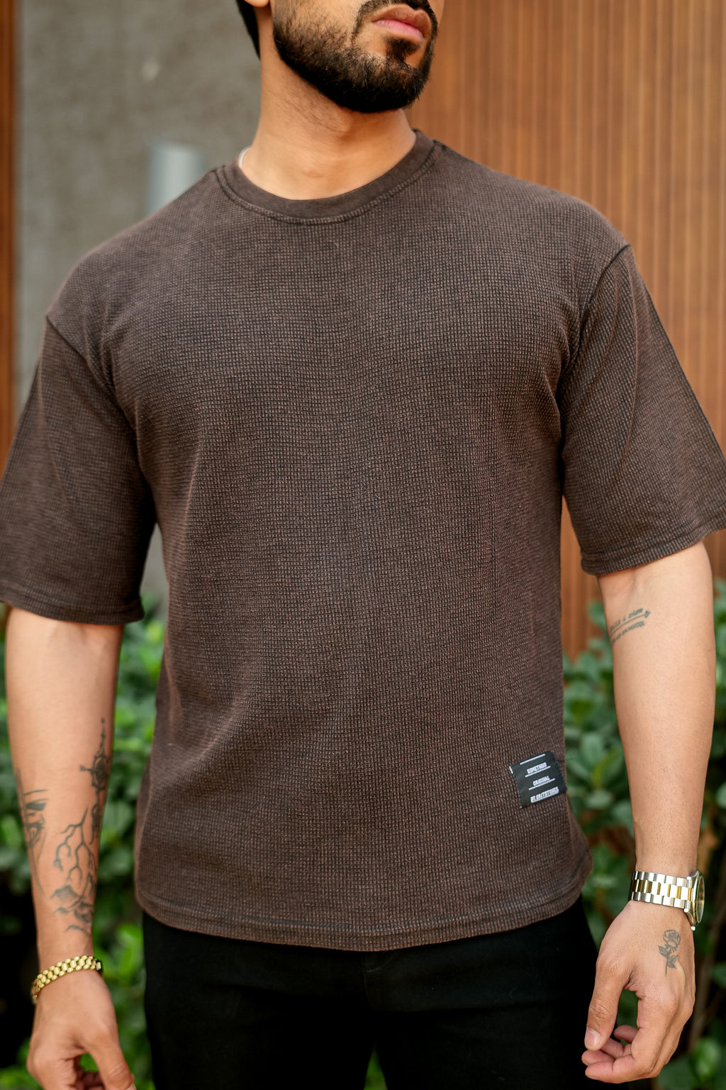 Brown Waffle Knit Oversized Round Neck T-Shirt
