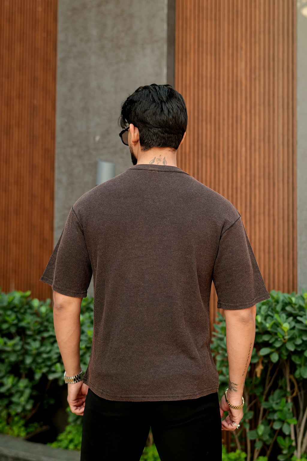 Brown Waffle Knit Oversized Round Neck T-Shirt