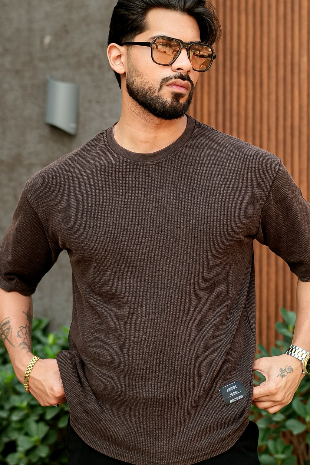 Brown Waffle Knit Oversized Round Neck T-Shirt