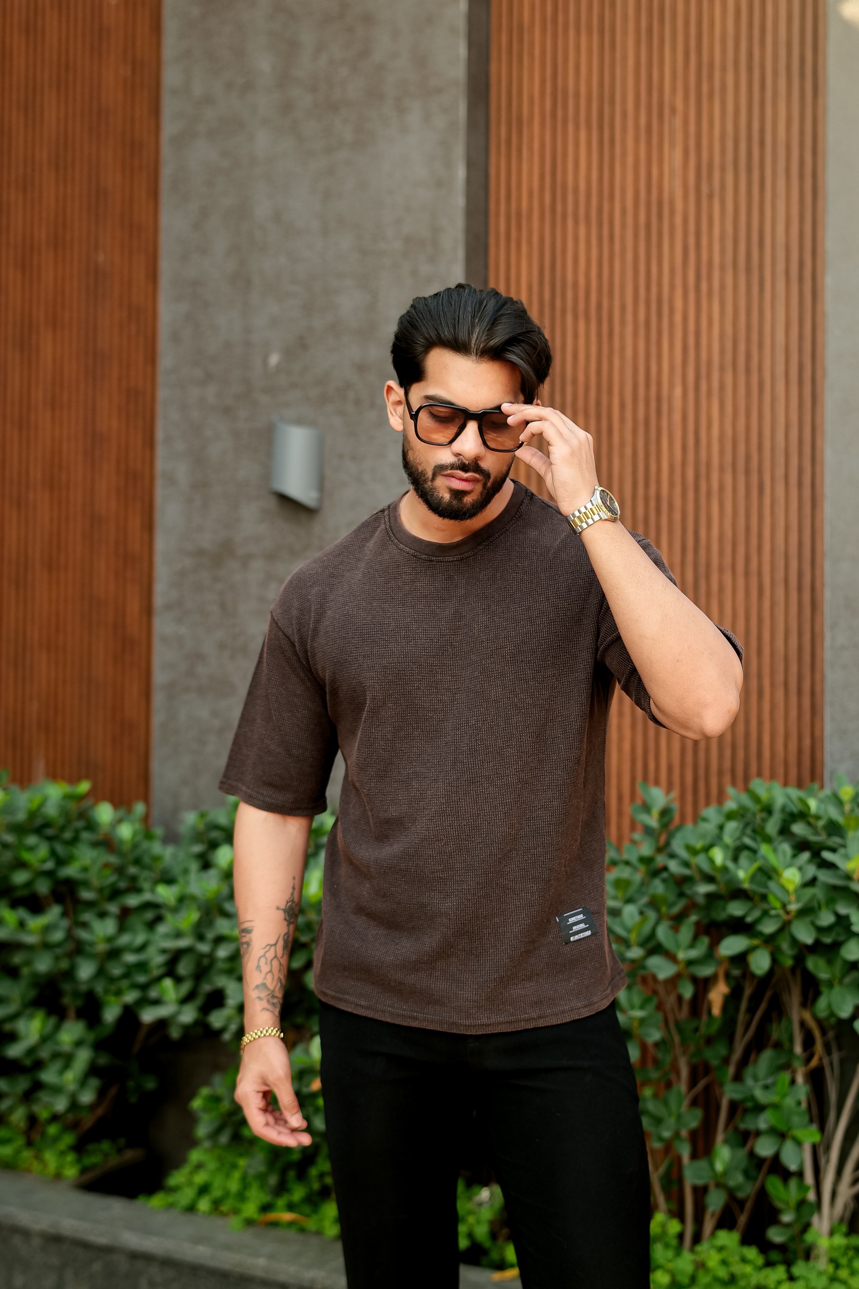 Brown Waffle Knit Oversized Round Neck T-Shirt