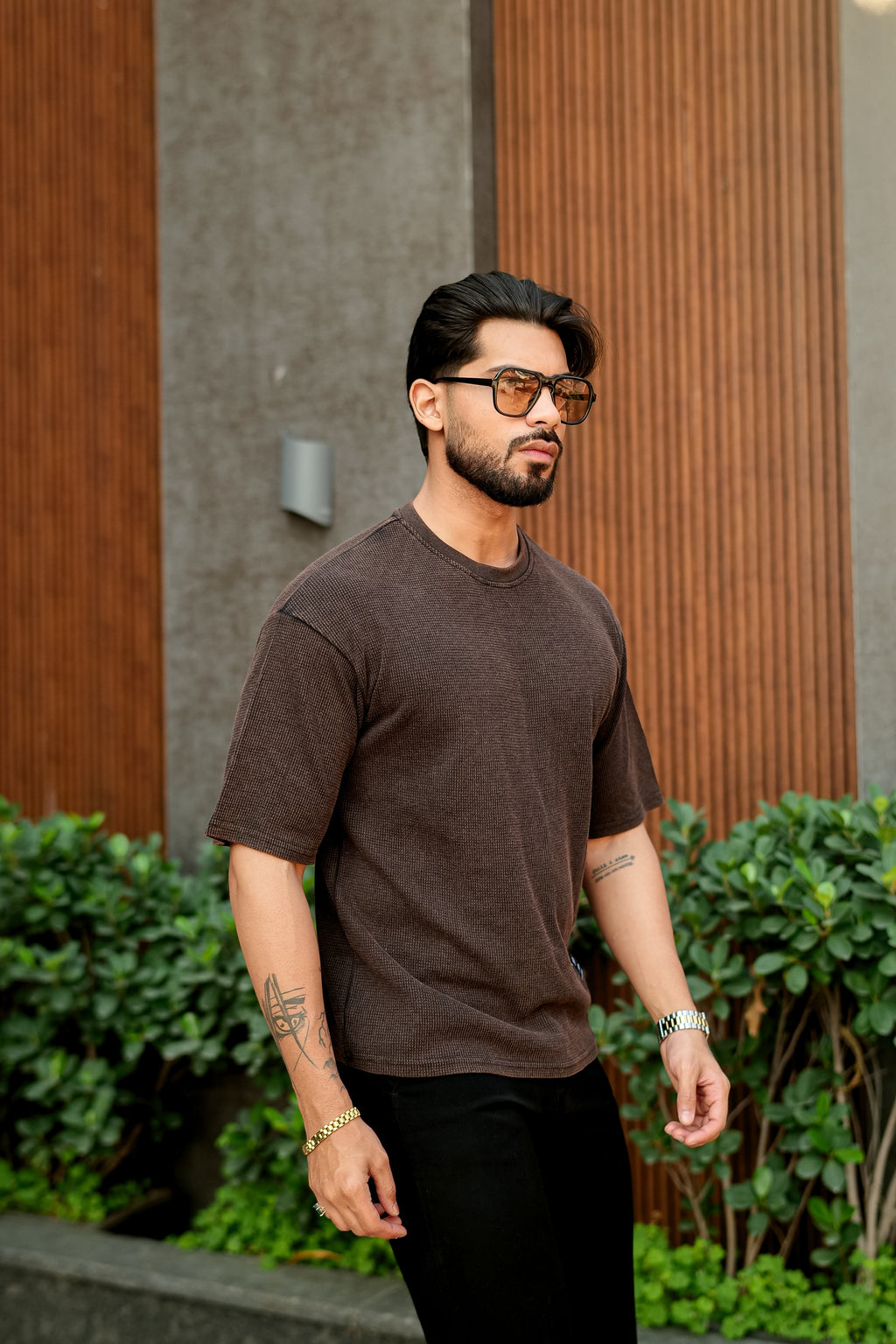 Brown Waffle Knit Oversized Round Neck T-Shirt