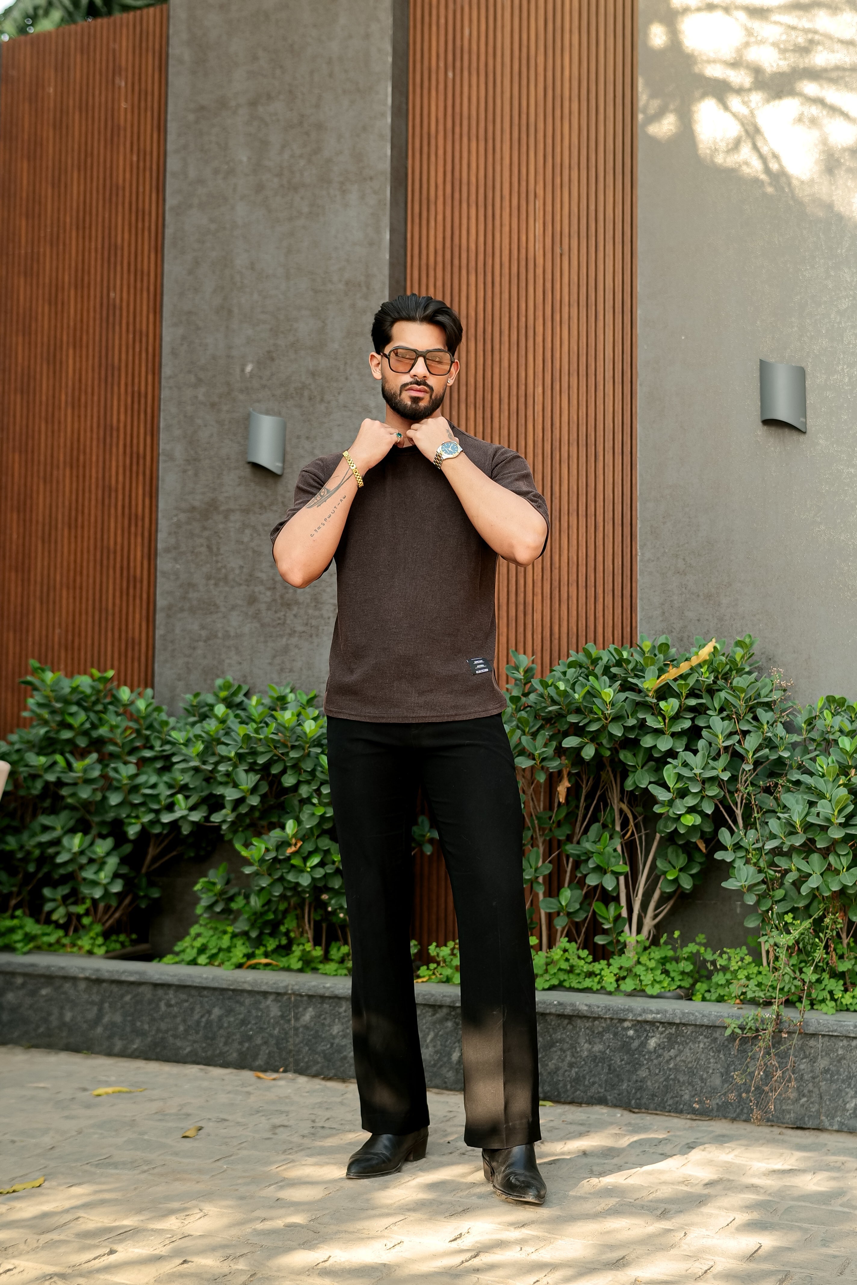 Brown Waffle Knit Oversized Round Neck T-Shirt