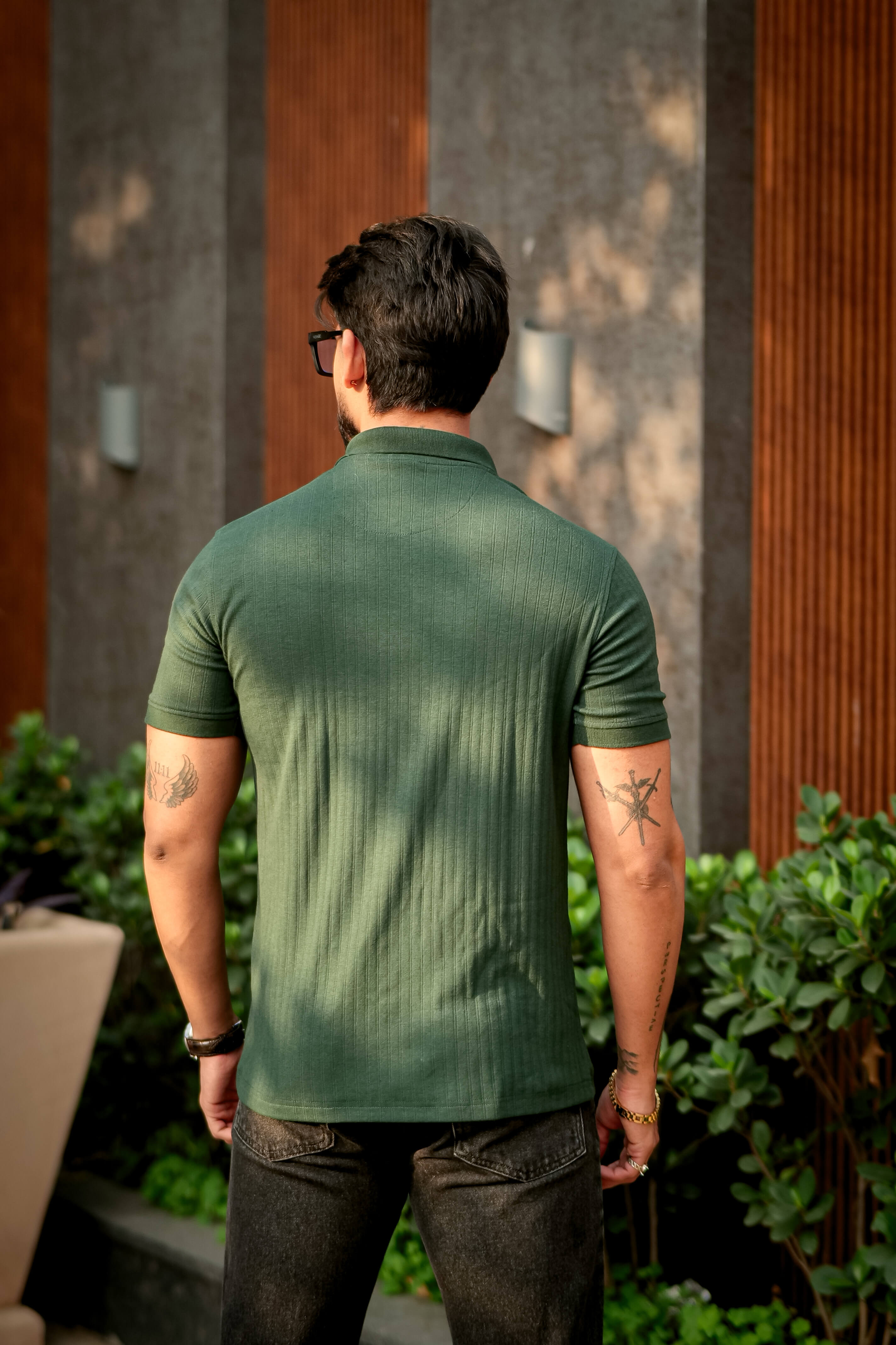 Olive Drop Needle Placket Polo Collar T-Shirt