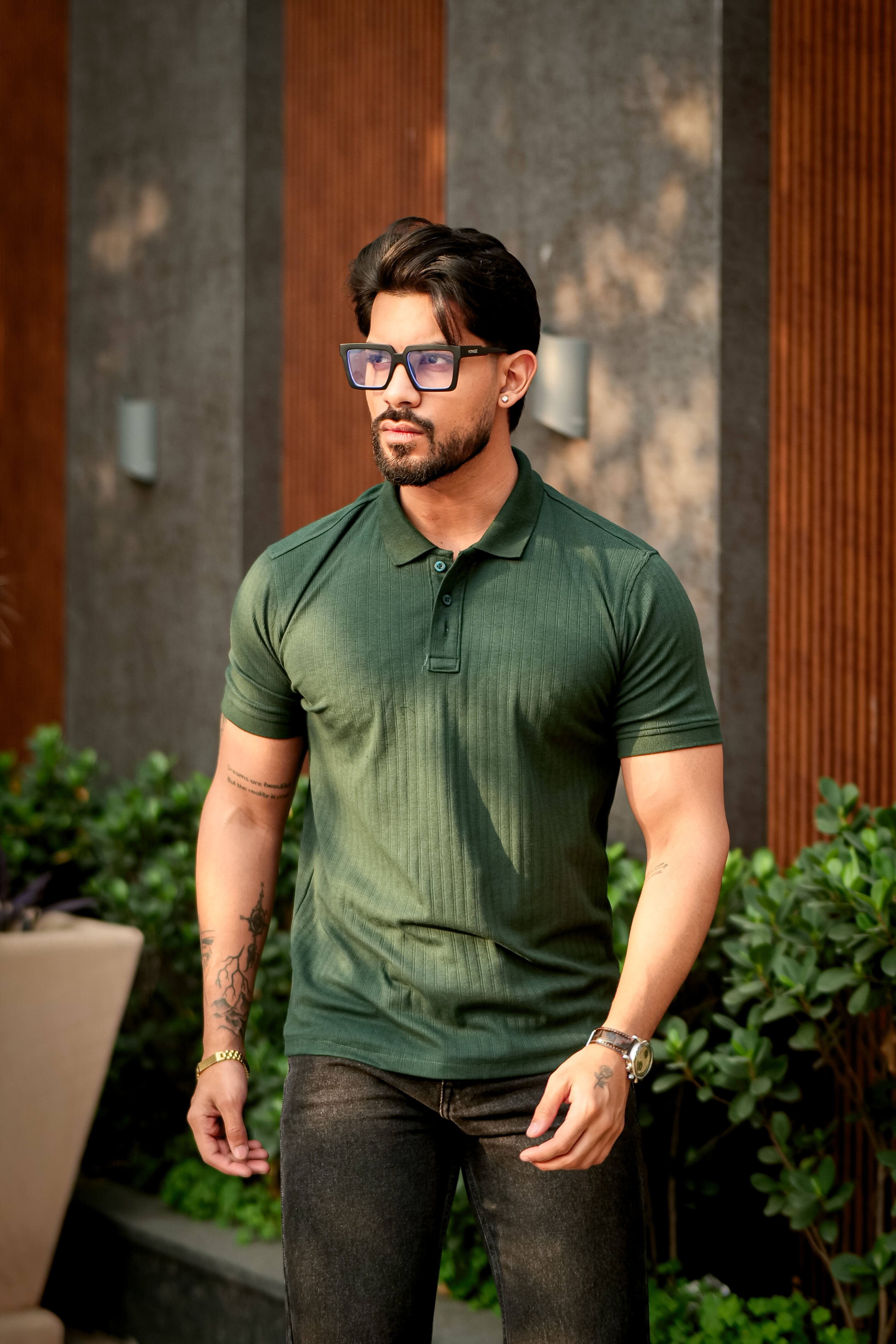 Olive Drop Needle Placket Polo Collar T-Shirt