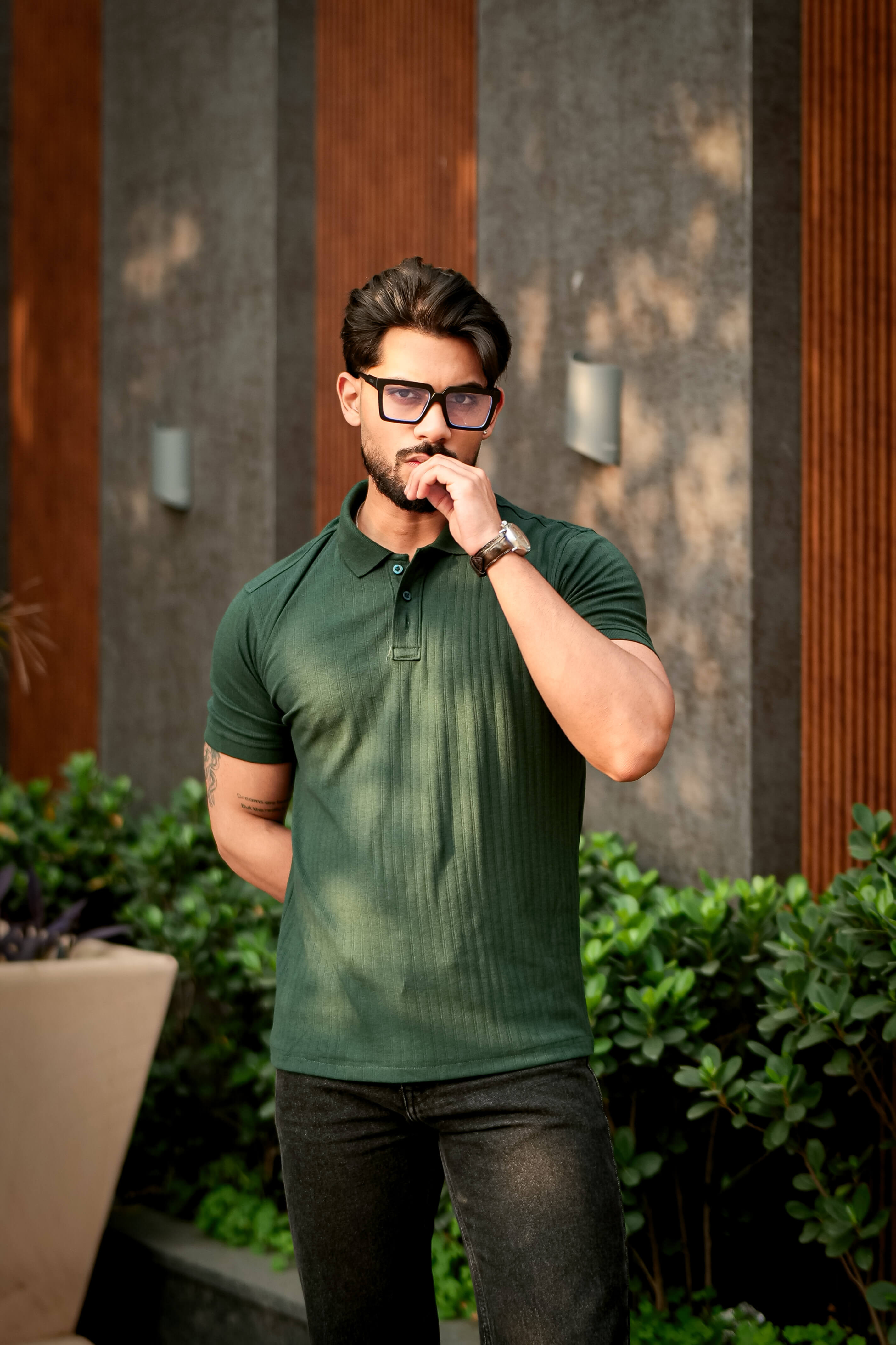 Olive Drop Needle Placket Polo Collar T-Shirt