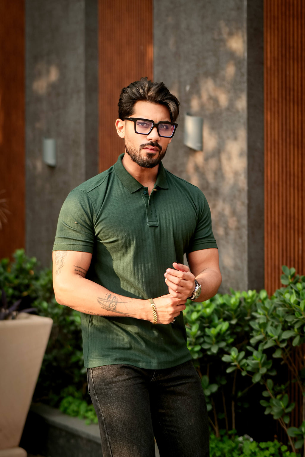 Olive Drop Needle Placket Polo Collar T-Shirt