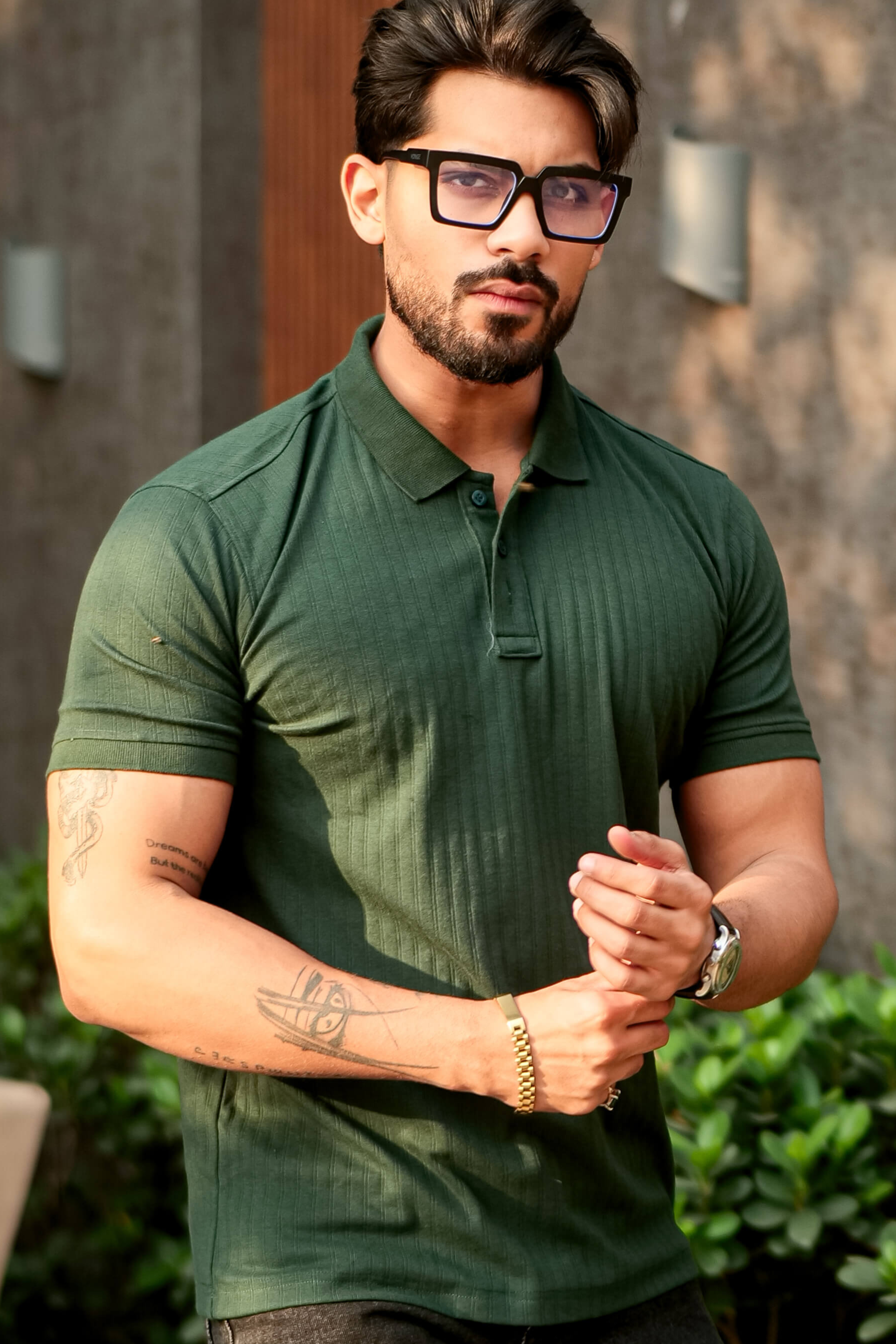 Olive Drop Needle Placket Polo Collar T-Shirt