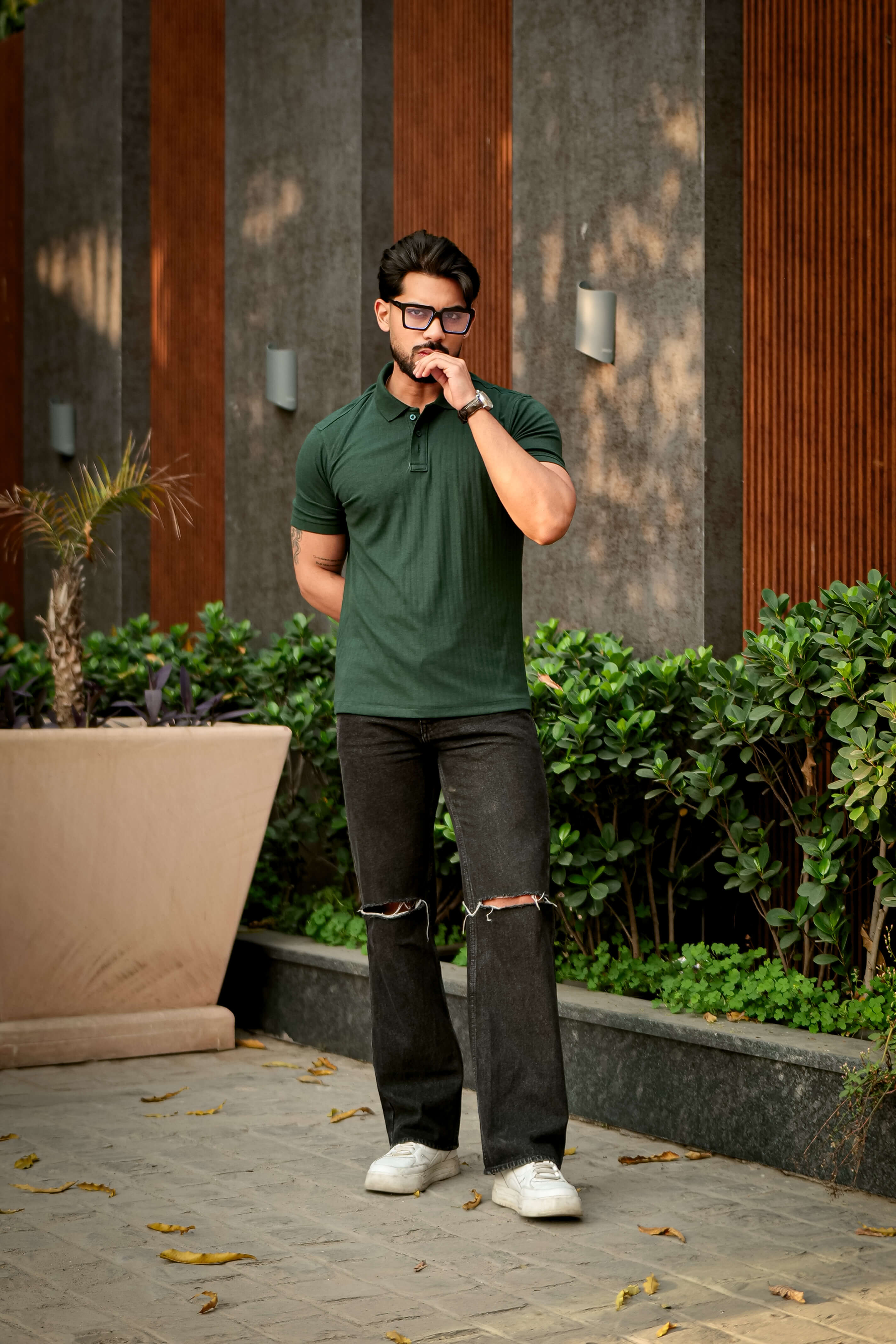 Olive Drop Needle Placket Polo Collar T-Shirt