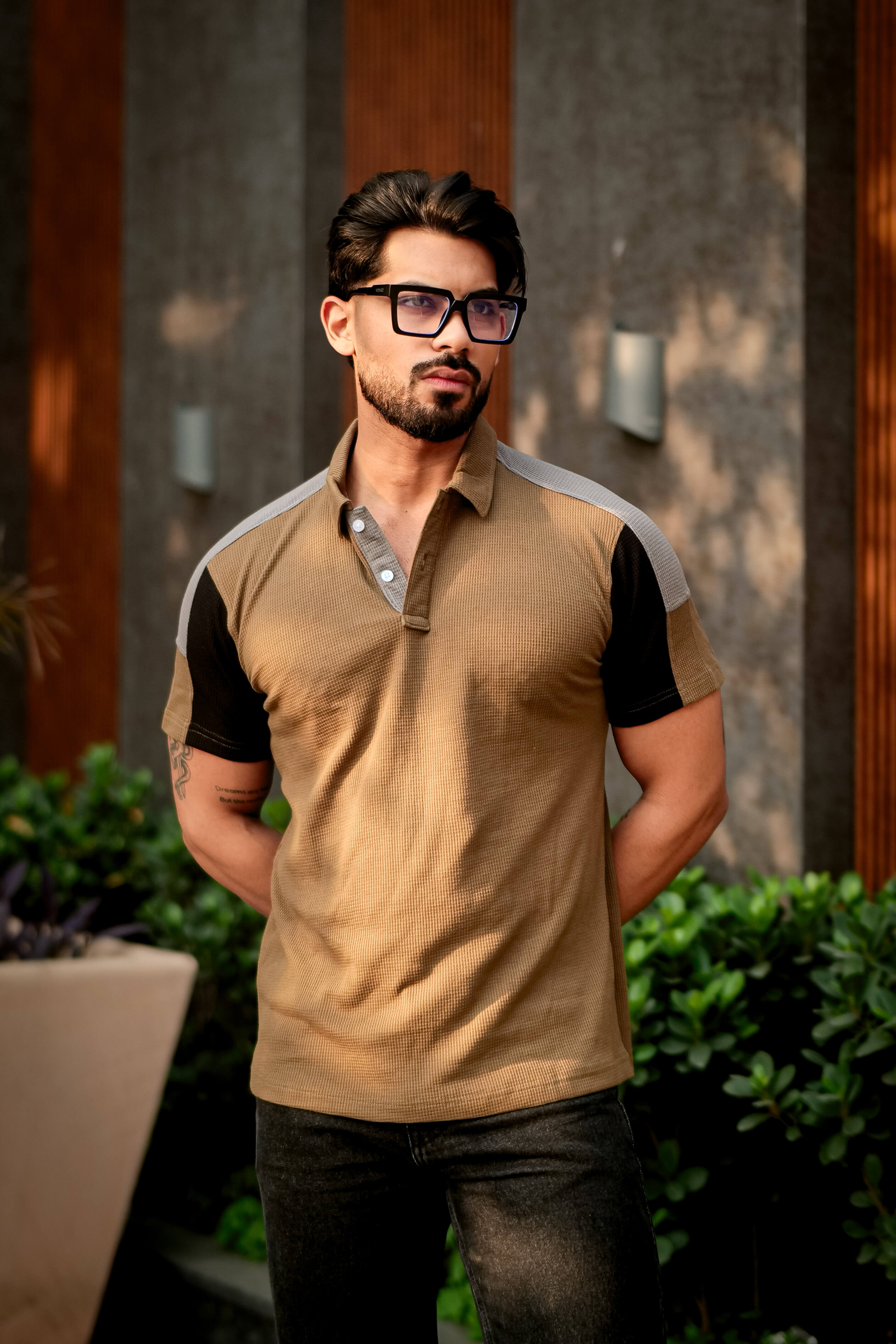 Golden Color Block Waffle Polo T-Shirt