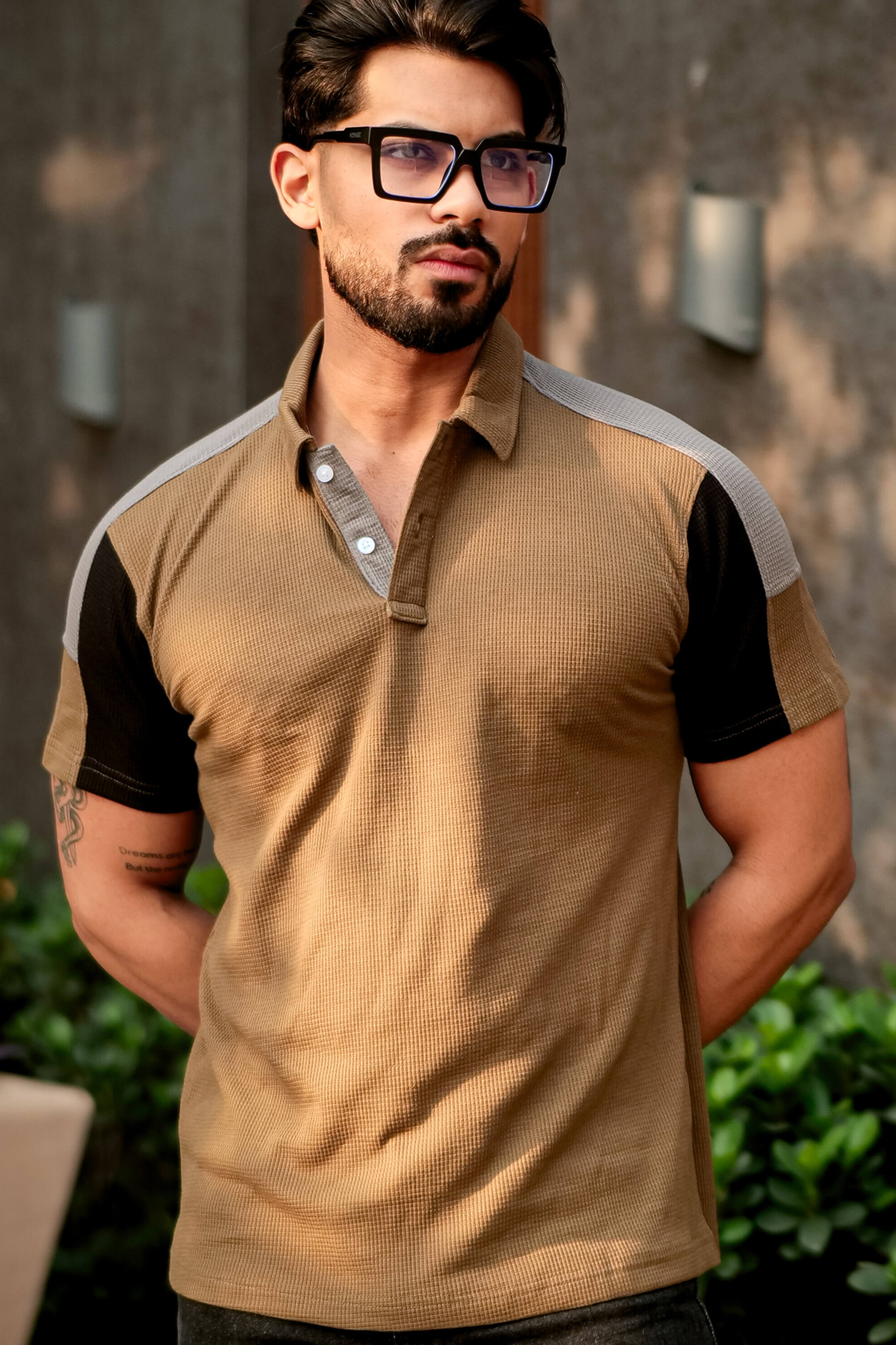 Golden Color Block Waffle Polo T-Shirt