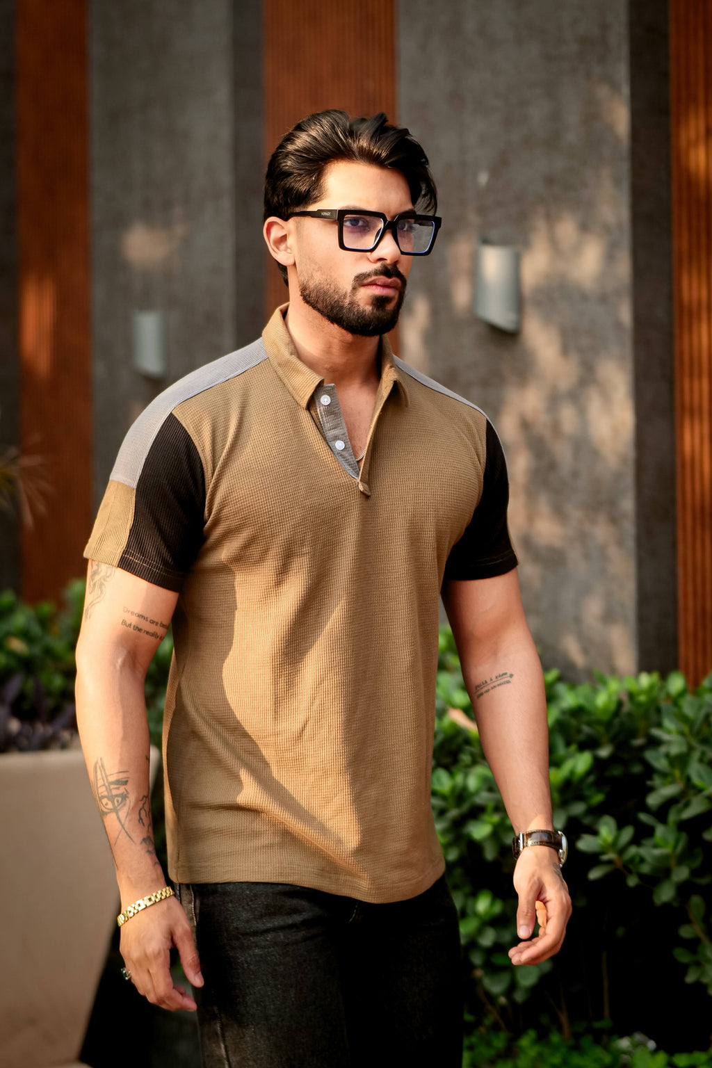 Golden Color Block Waffle Polo T-Shirt